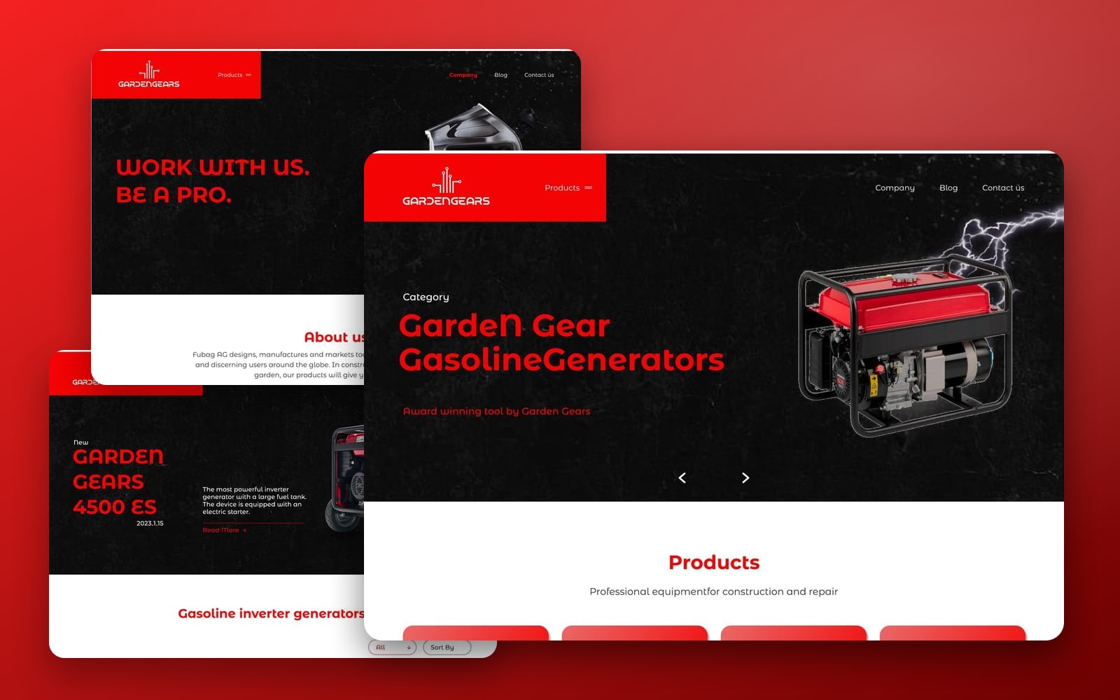 GardenGears Red ecommerce website showcase: the black and red home page with a generator hero large in front of the about and catalog pages on a red gradient.