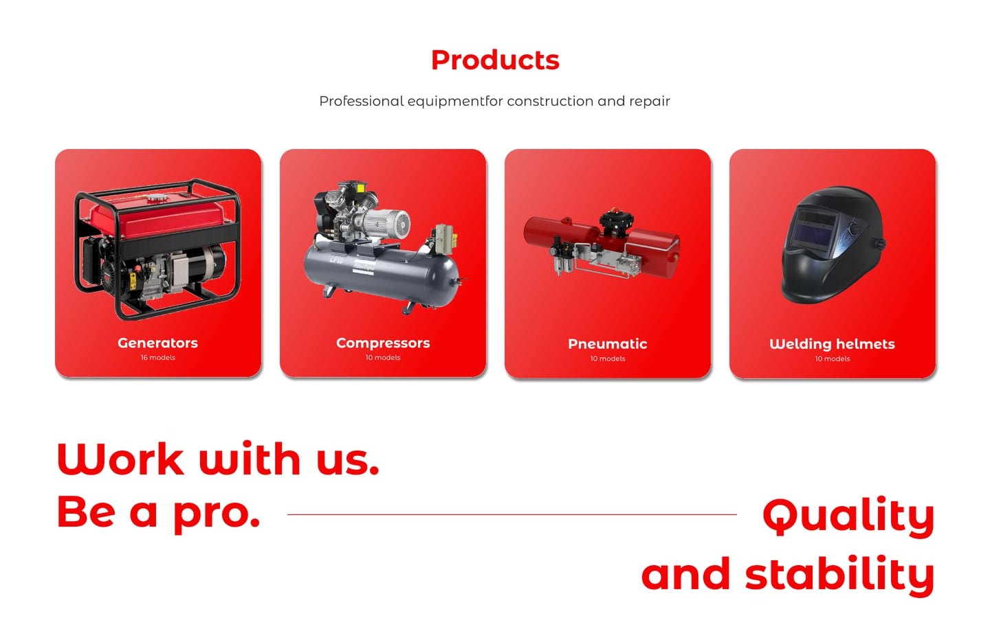 GardenGears Red ecommerce home page with four red product tiles for generators, compressors, pneumatic tools and welding helmets above a large Work with us headline.