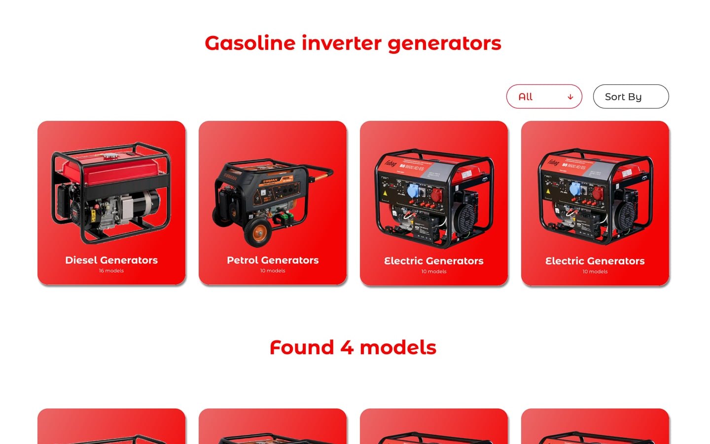GardenGears Red catalog page with rounded red category tiles for diesel, petrol and electric generators and a row of model cards below.