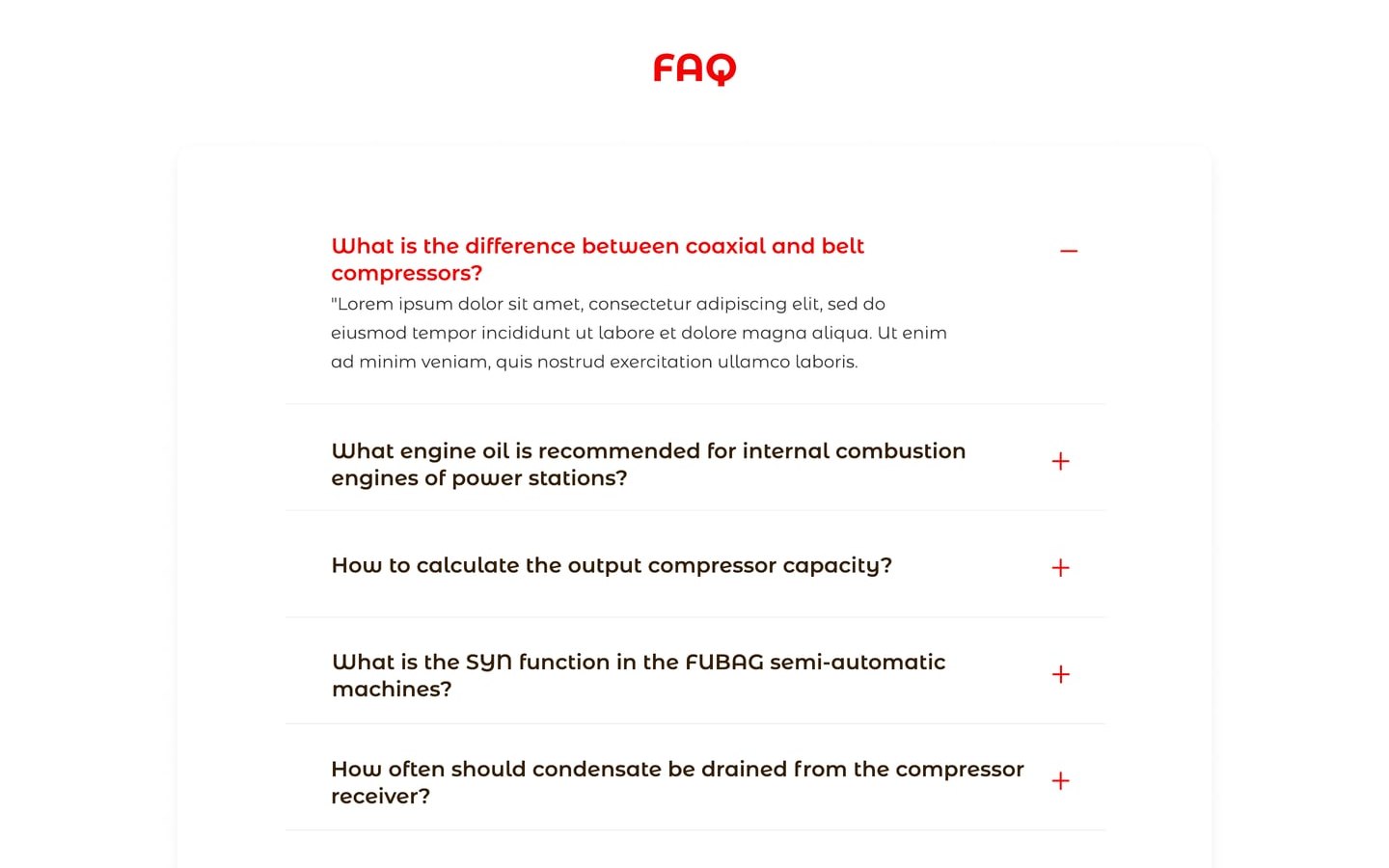 GardenGears Red home page FAQ accordion in a white card with an open answer and five collapsed questions.