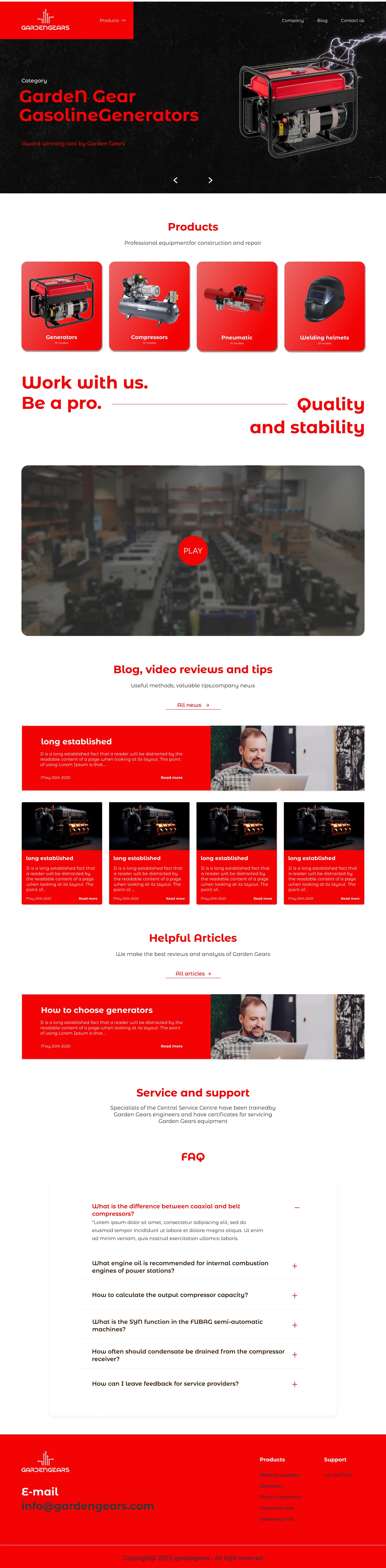 Full-length GardenGears Red ecommerce website home page design with a black generator hero, red product category tiles, a video panel, blog cards and an FAQ accordion.