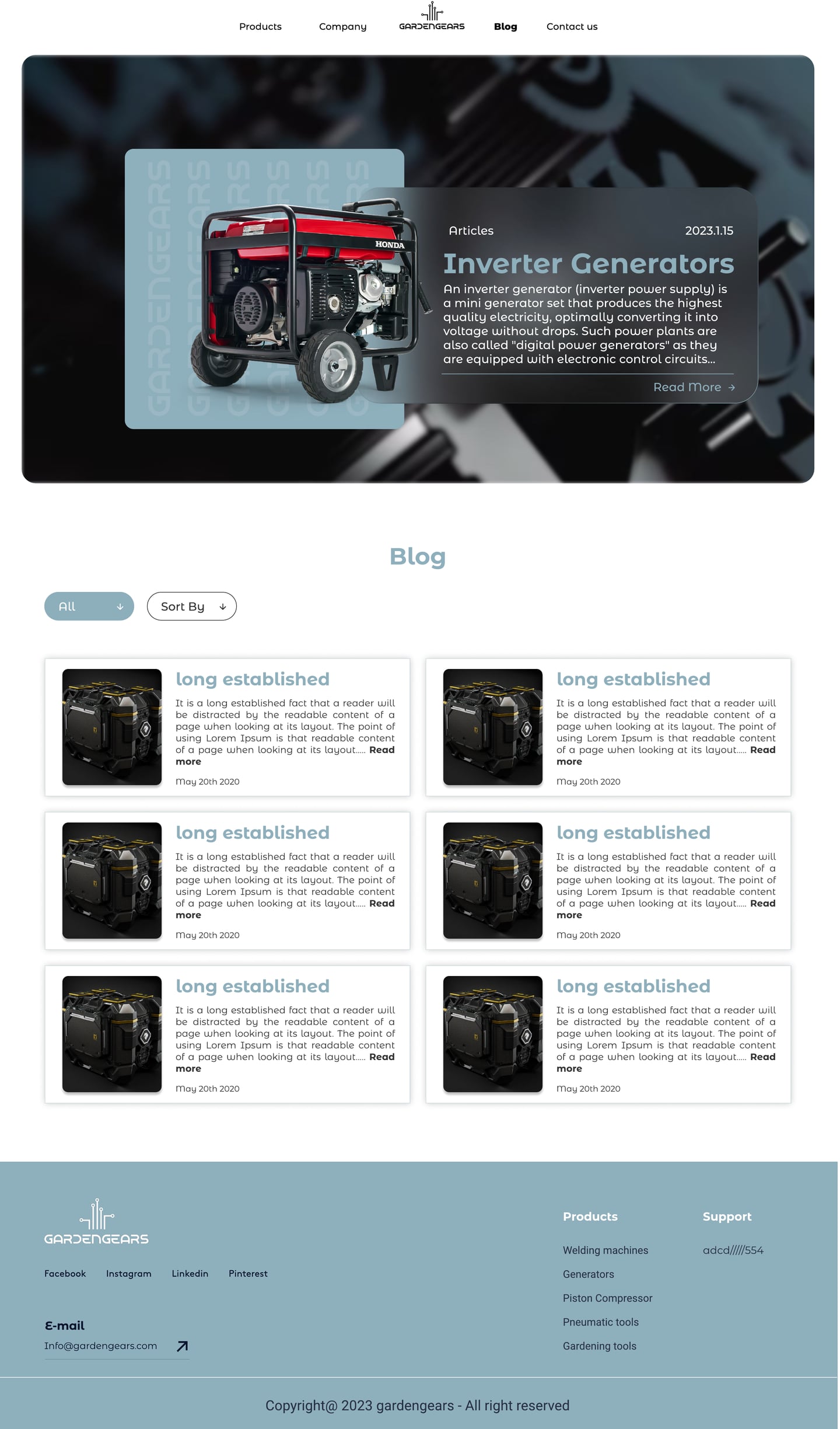 Full-length GardenGears Slate ecommerce website blog page design with a frosted glass article hero, filter pills and white blog cards in two columns.