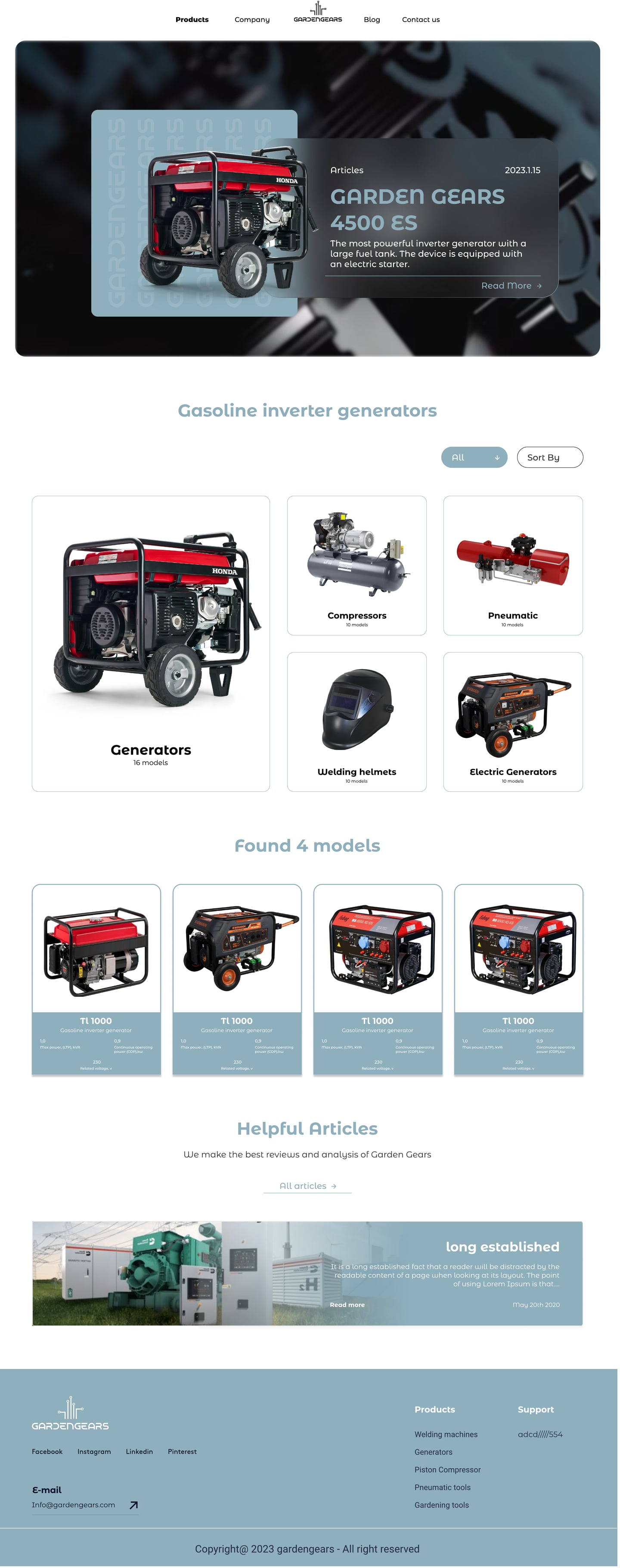 Full-length GardenGears Slate ecommerce website catalog page design with a glass hero, a featured generator tile among category cards and a row of four model cards.