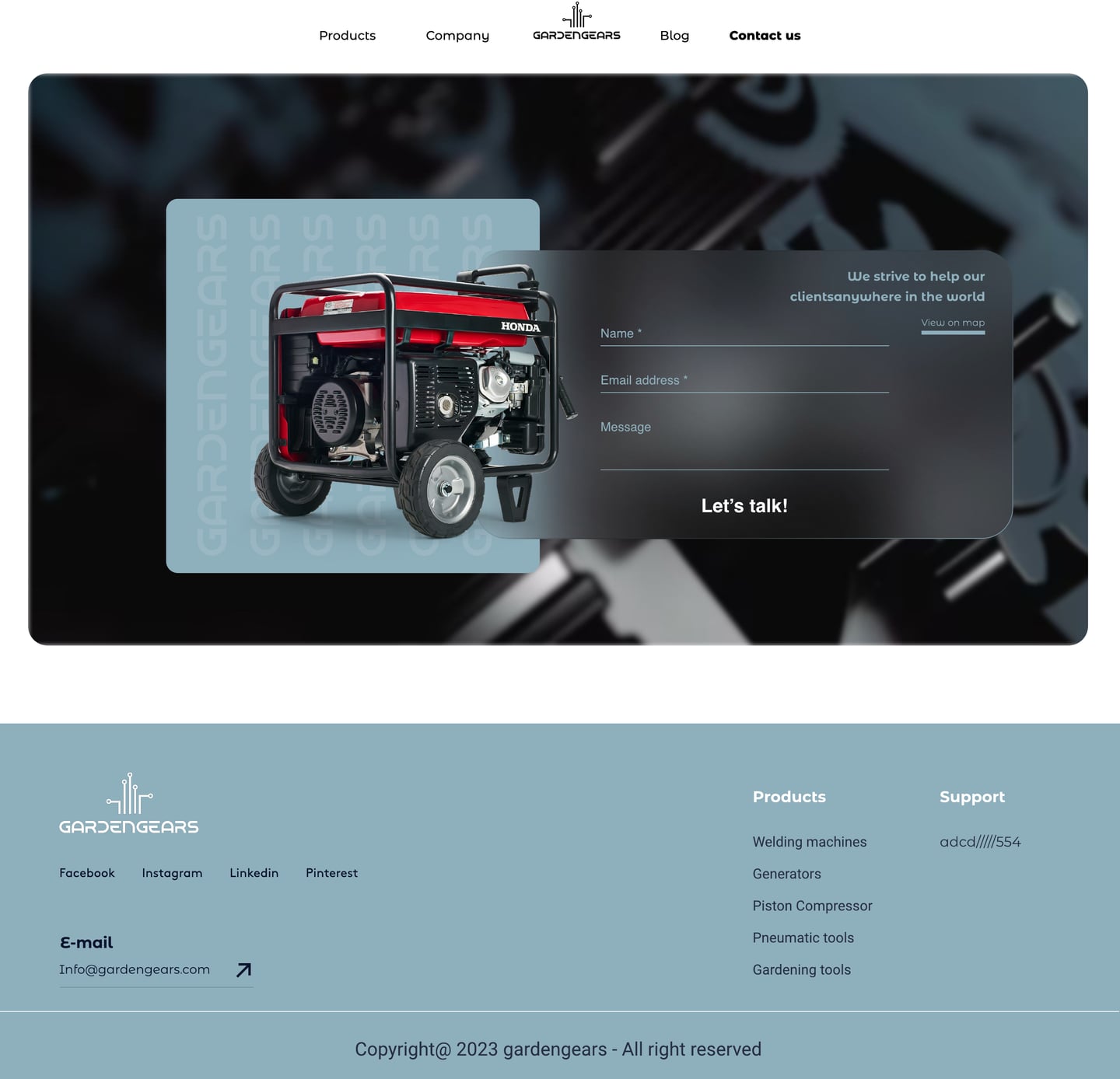 Full-length GardenGears Slate ecommerce website contact page design with a frosted hero holding a short contact form.