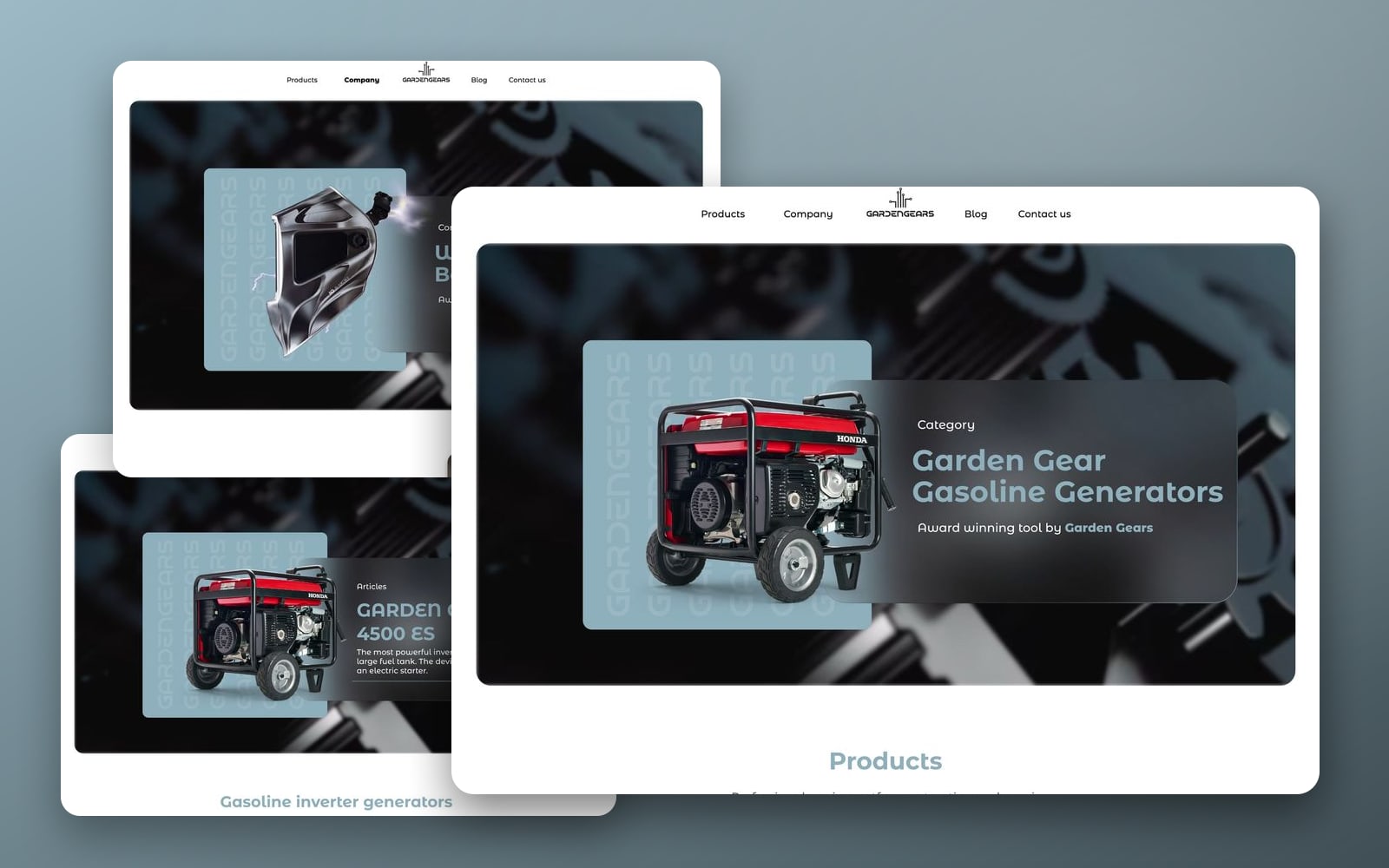 GardenGears Slate online store showcase: the slate blue home page with a frosted generator hero large in front of the about and catalog pages.