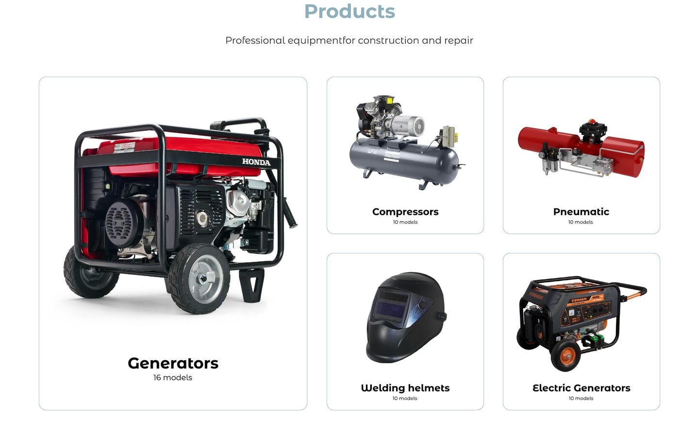 GardenGears Slate online store product grid with one large generator tile beside compressor, pneumatic, welding helmet and electric generator cards.