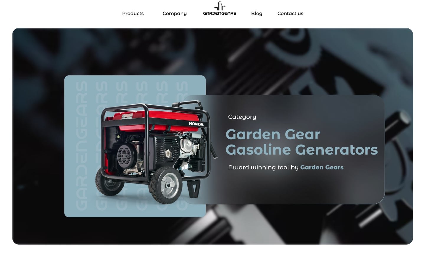 GardenGears Slate online store home page hero, a red generator on a slate blue panel beside a frosted glass headline card inside a rounded dark frame.