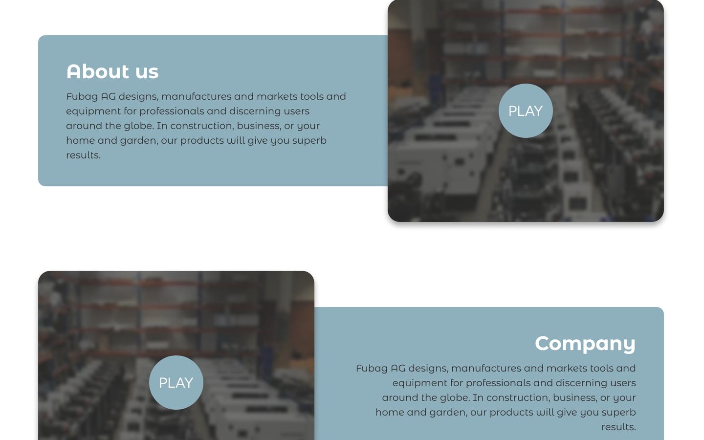 GardenGears Slate about page with offset slate blue panels pairing company text with blurred warehouse video thumbnails.