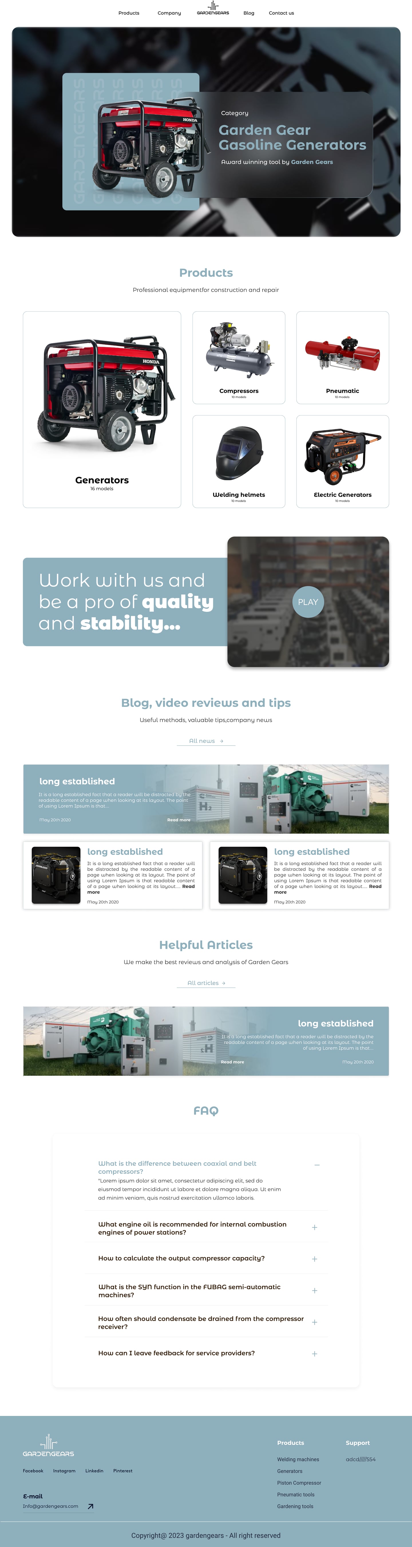 Full-length GardenGears Slate ecommerce website home page design with a rounded frosted glass hero, a large featured generator tile, a play panel, article cards and an FAQ accordion.