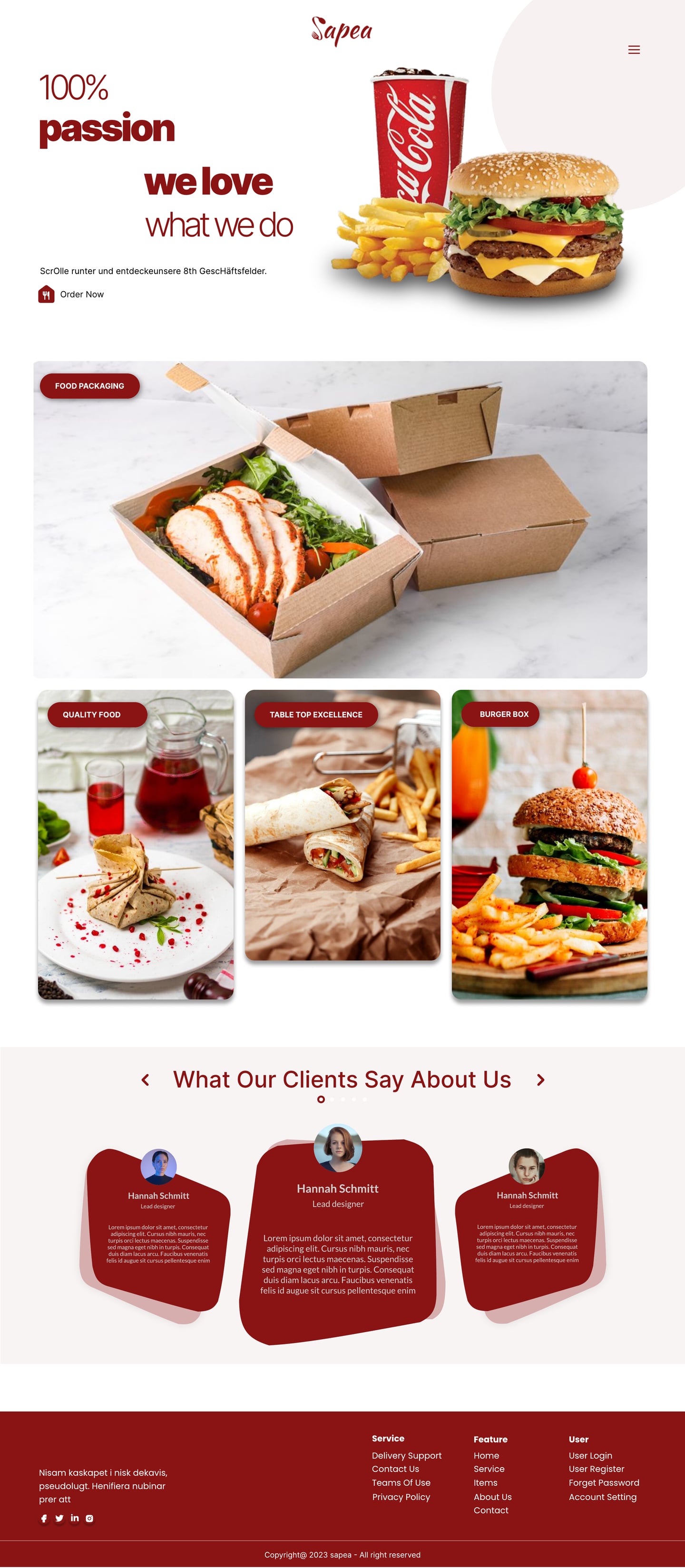 Full-length Sapea Crimson restaurant website about page design with a script logo, a hero of a burger, fries and a cola and a row of packaging photography.