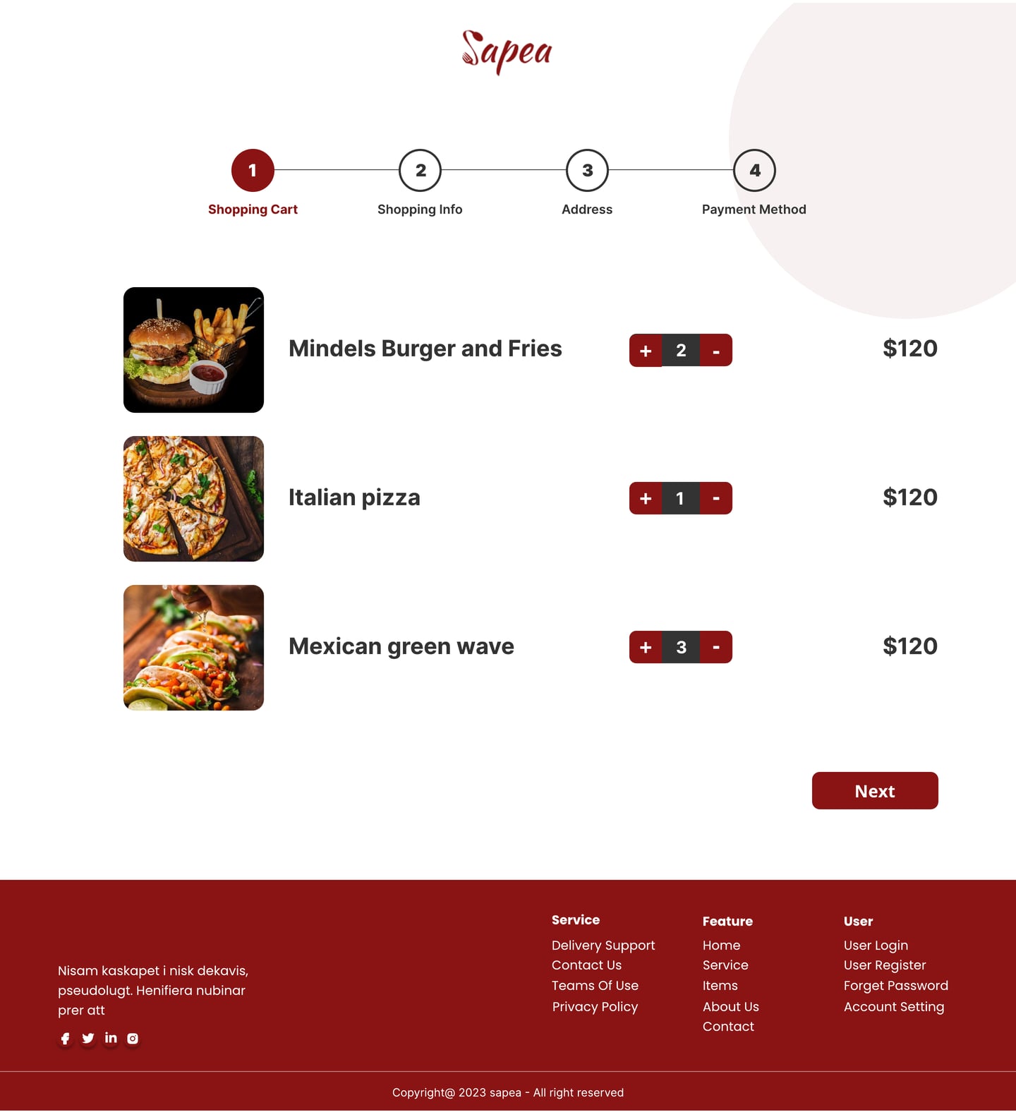 Full-length Sapea Crimson restaurant website cart page design with a four step progress bar and cart items with red quantity steppers.