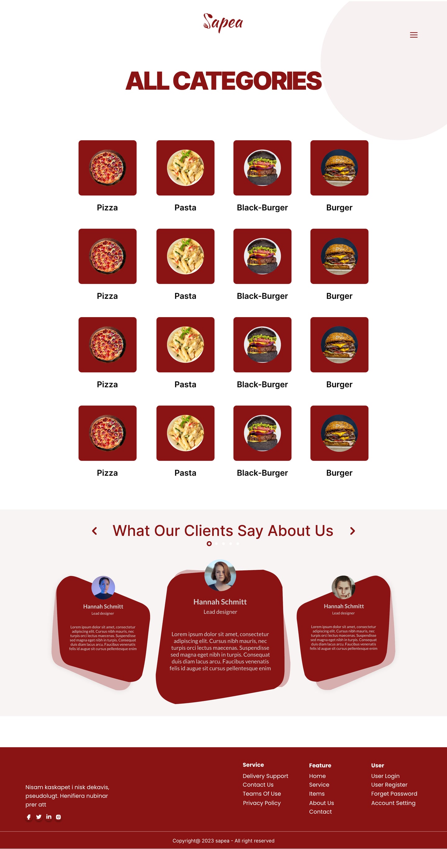 Full-length Sapea Crimson restaurant website categories page design with a grid of red tile icons for pizza, pasta, black burger and burger.
