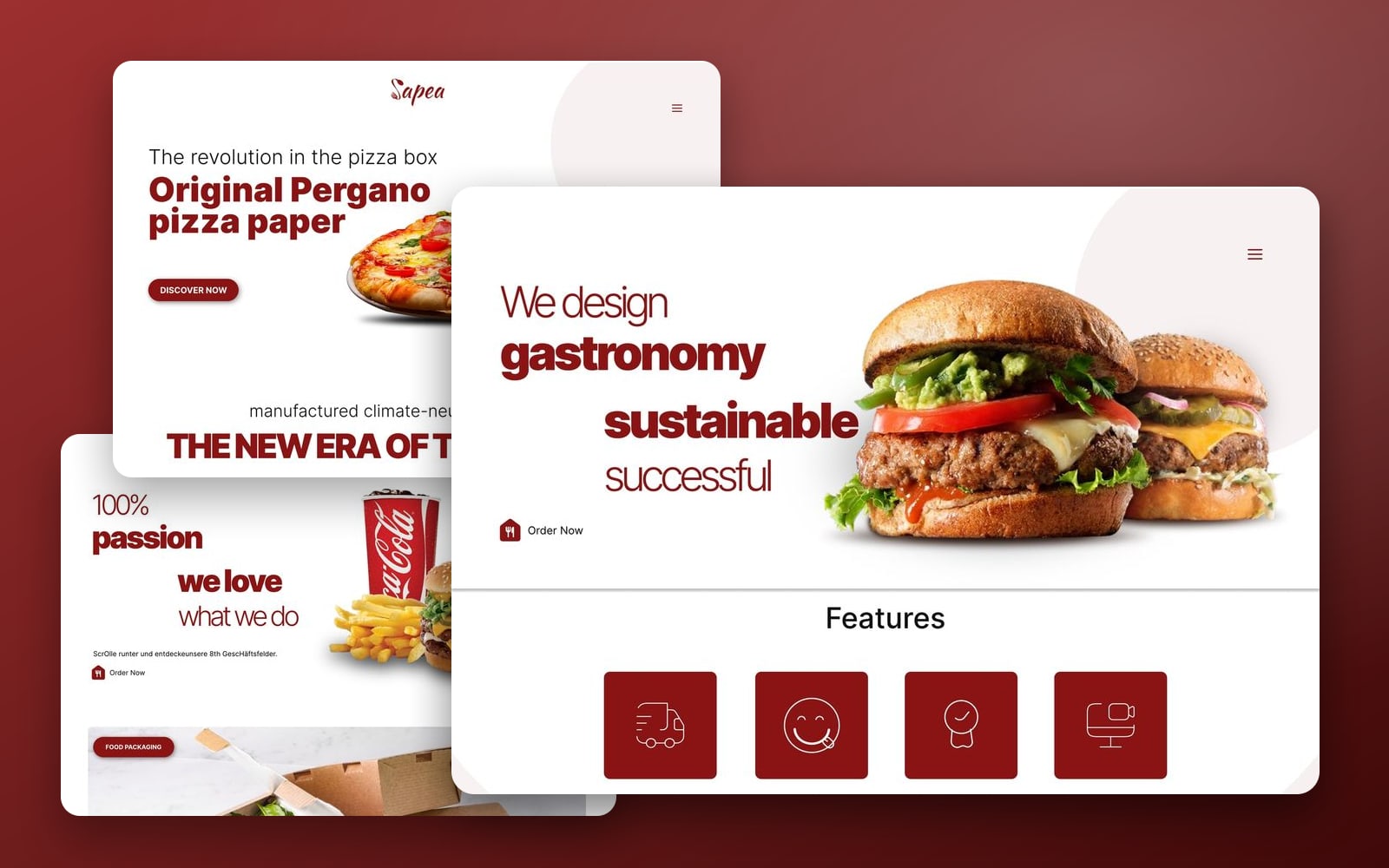 Sapea Crimson restaurant website showcase: the home page with a stacked burger large in front of the shop and about pages on a deep red gradient.