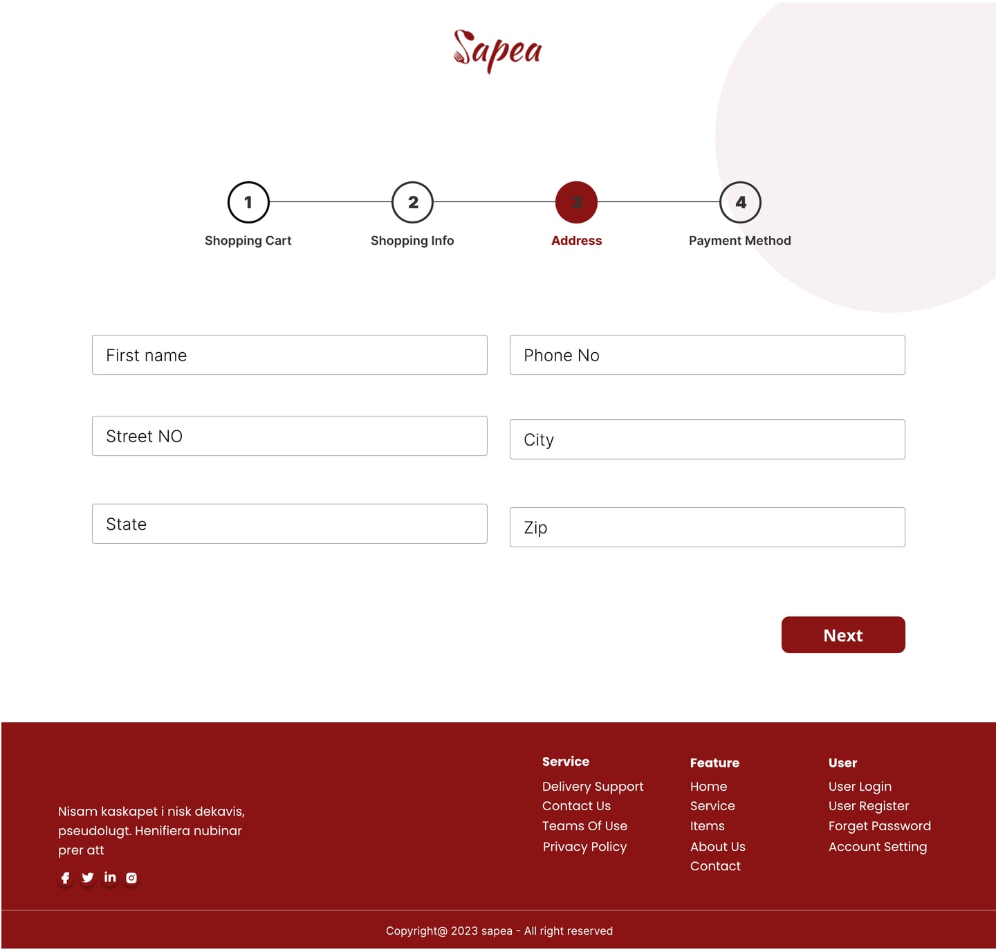 Full-length Sapea Crimson restaurant website address page design with an address form for the delivery step.