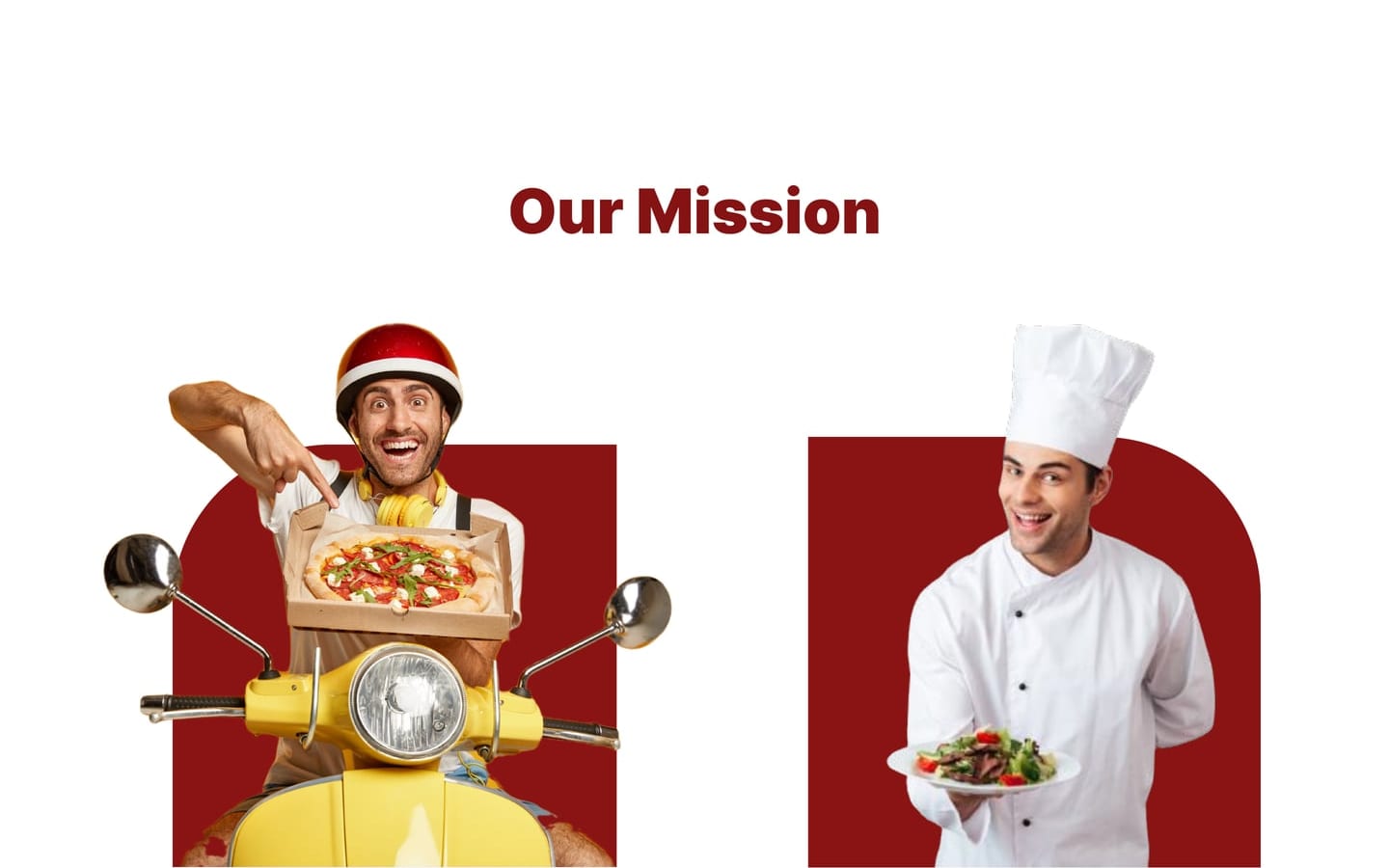 Sapea Crimson restaurant website home page mission section with a delivery rider on a yellow scooter and a chef, each in front of a red shape.