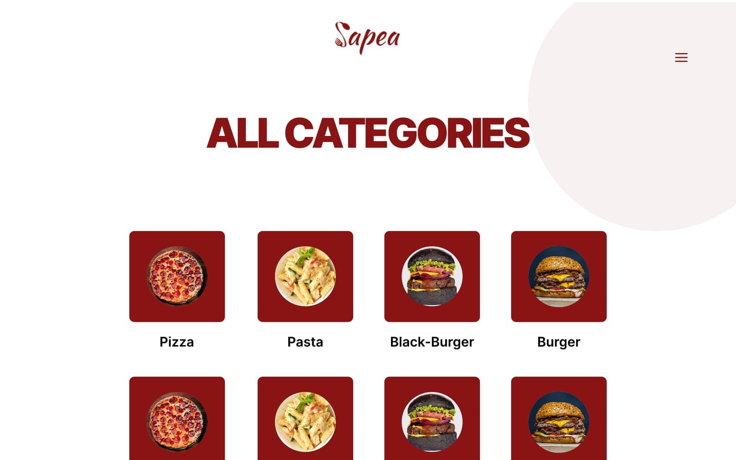 Sapea Crimson restaurant website categories page with red tile icons for pizza, pasta, black burger and burger under a crimson heading.