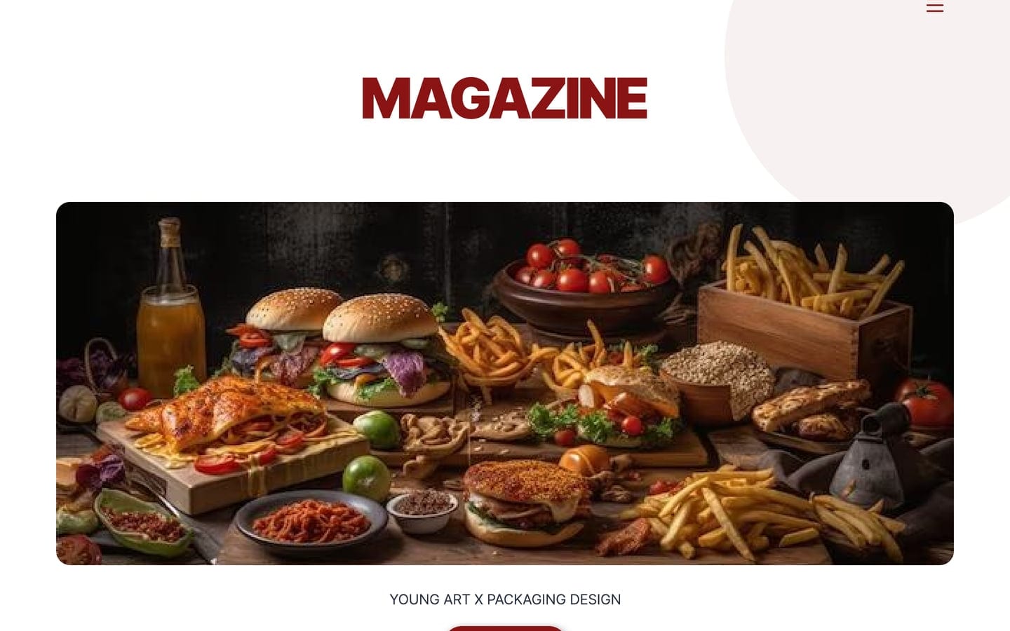 Sapea Crimson restaurant website magazine page with a full-width burger and fries feature photograph under a crimson heading.