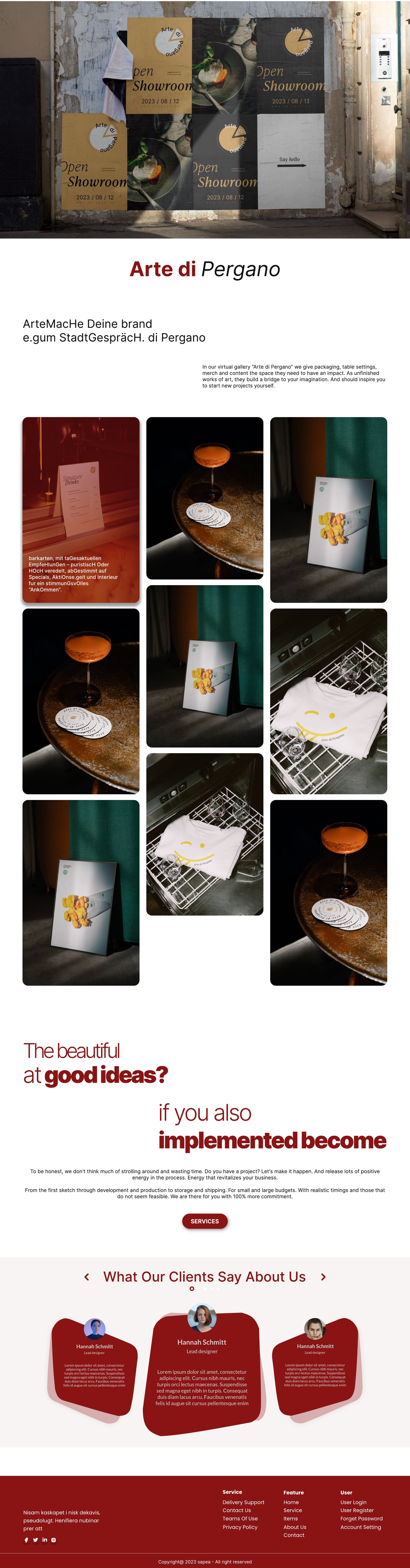 Full-length Sapea Crimson restaurant website gallery page design with a poster wall header and an editorial grid of hospitality and packaging photography.