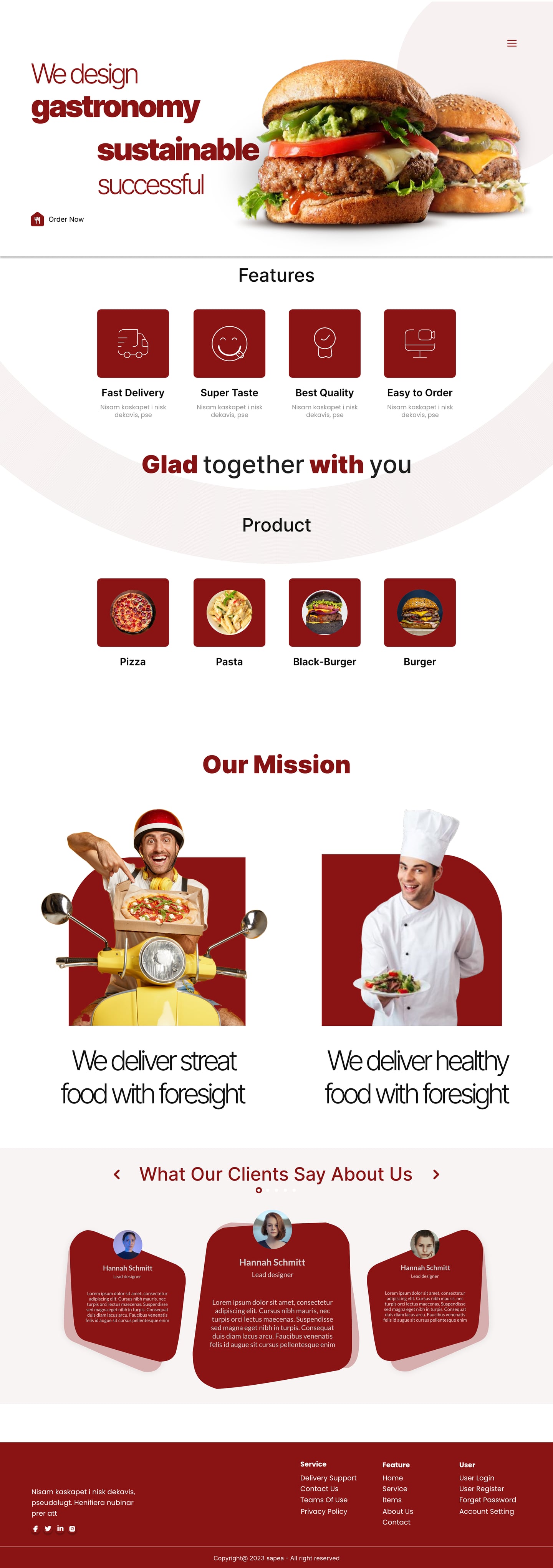 Full-length Sapea Crimson restaurant website home page design with a white hero holding two burgers, a features row of red tiles, product icons and a delivery rider and chef mission.