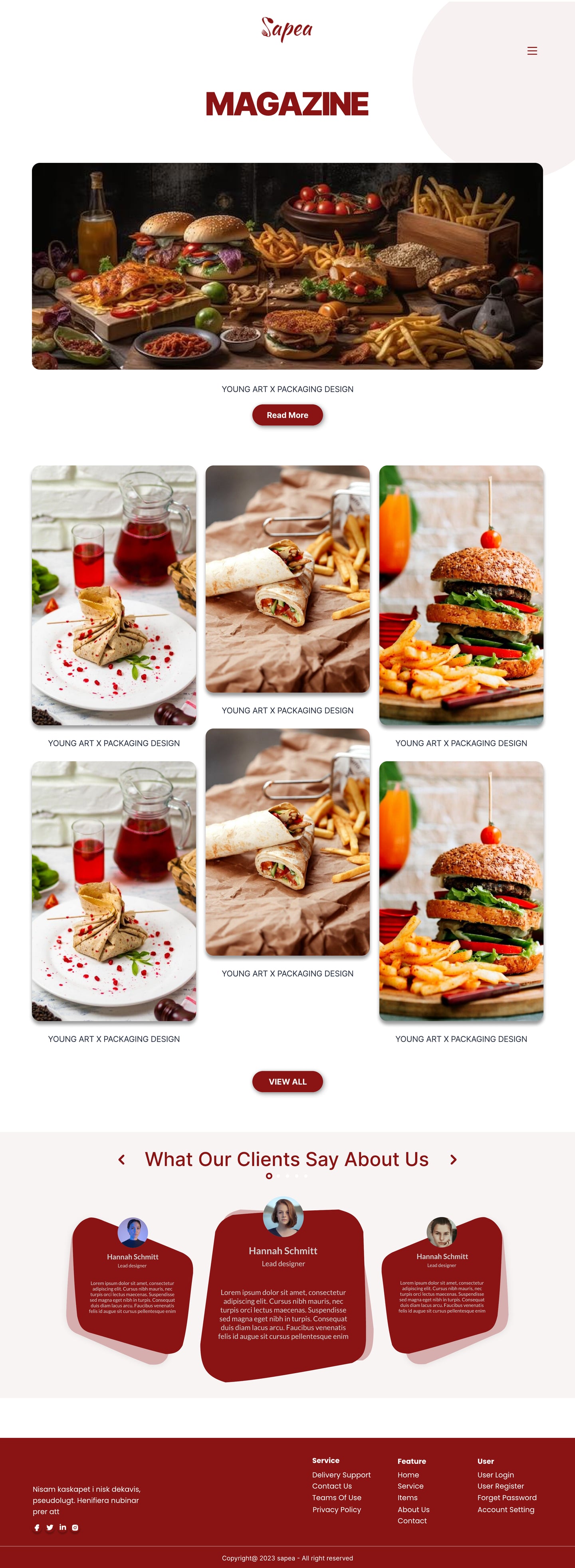 Full-length Sapea Crimson restaurant website magazine page design with a magazine header, a feature photograph of a burger feast and a grid of article cards.
