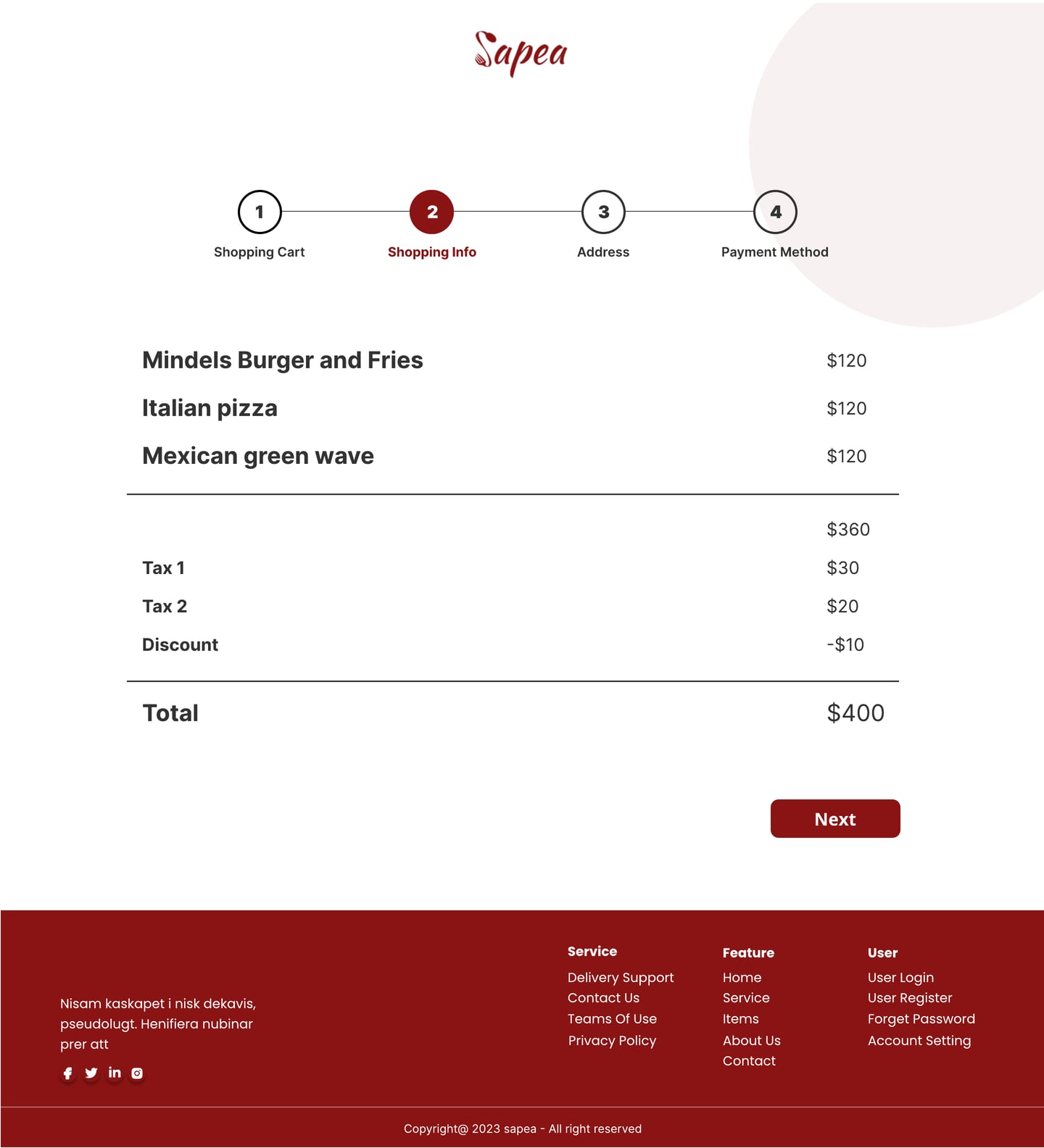 Full-length Sapea Crimson restaurant website order page design with an order summary of items, tax lines and a discount.