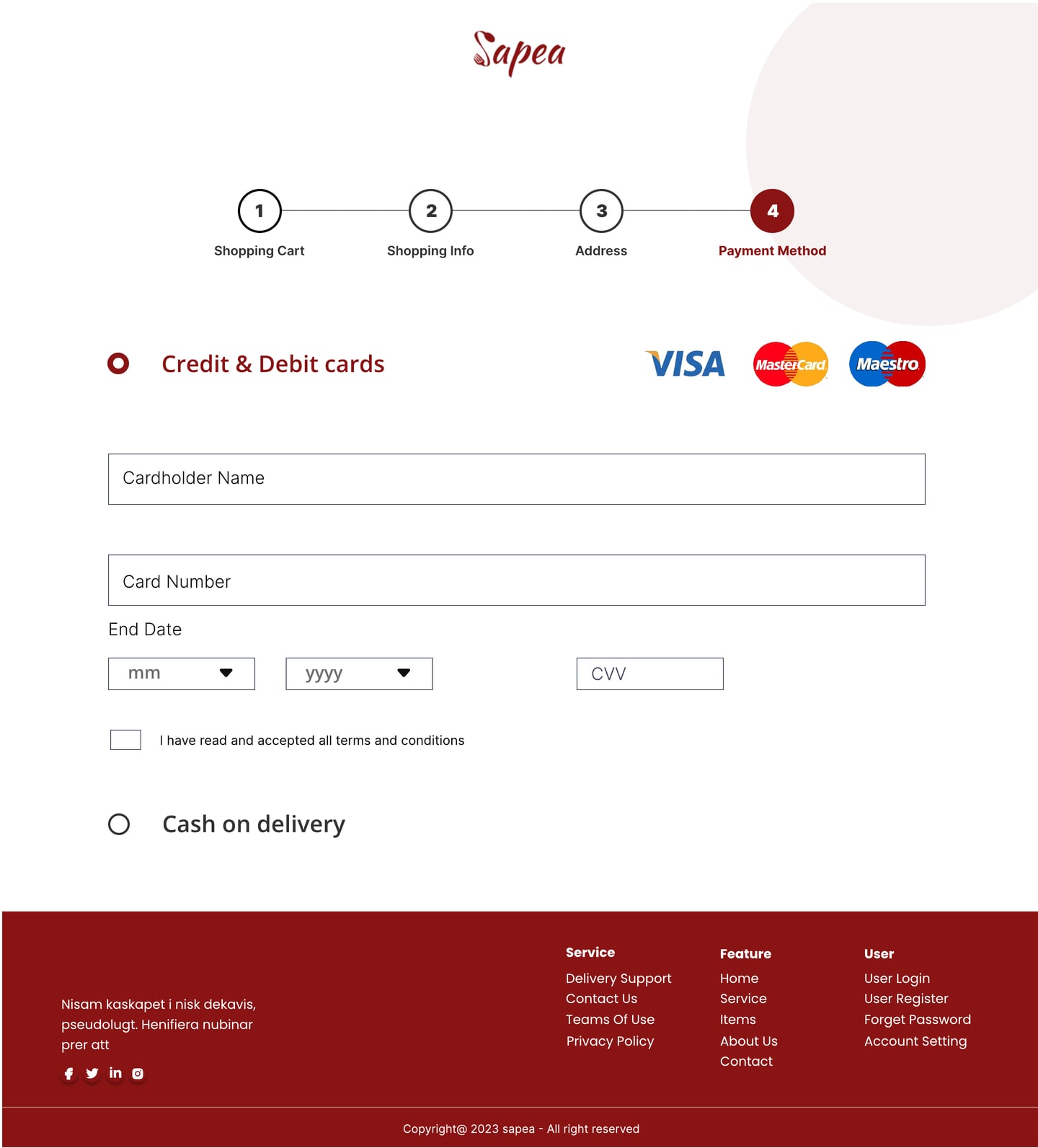 Full-length Sapea Crimson restaurant website payment page design with credit and debit card fields and a cash on delivery option.