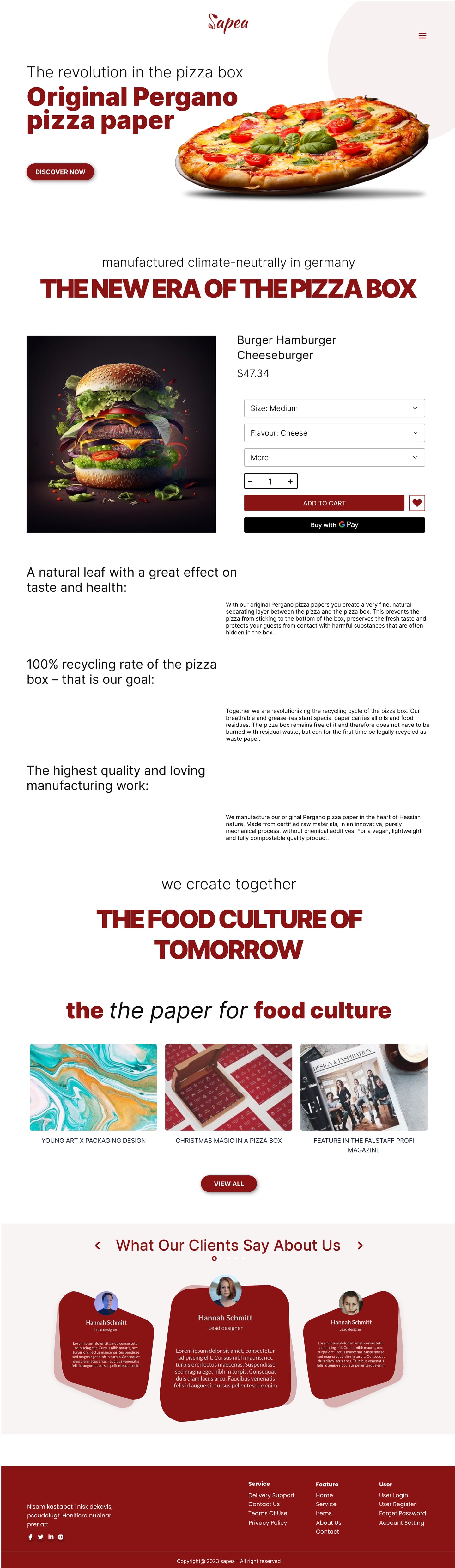 Full-length Sapea Crimson restaurant website product page design with a hero of a baked pizza, product details with option selectors and an add to cart button.