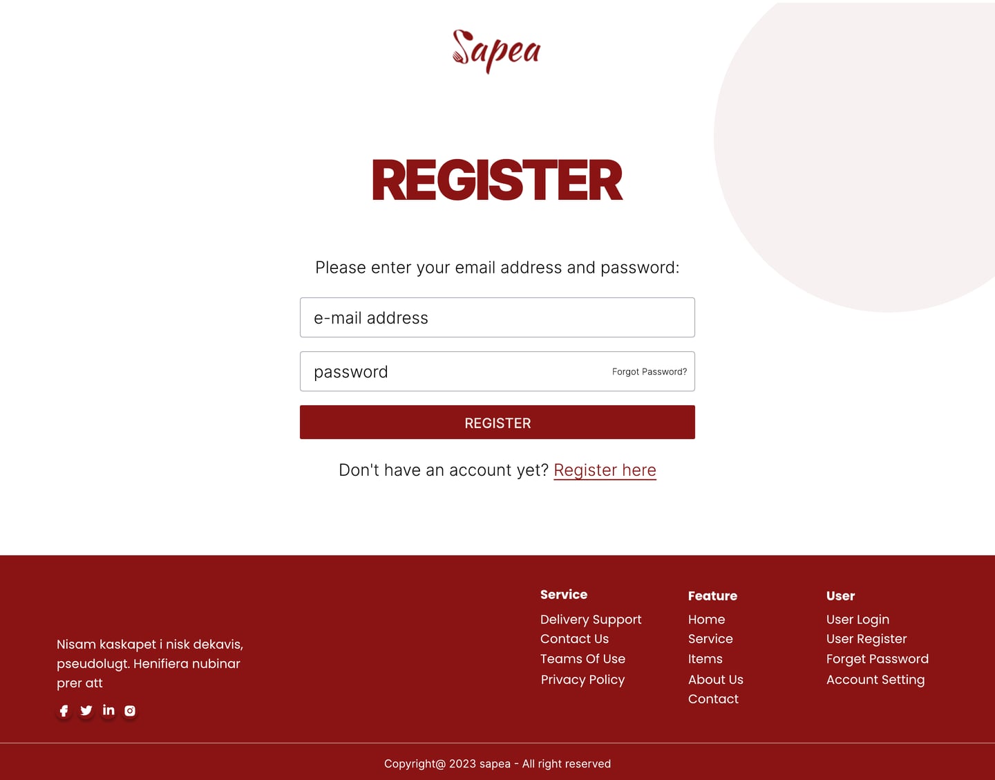 Full-length Sapea Crimson restaurant website register page design with a short registration form and a crimson submit button.
