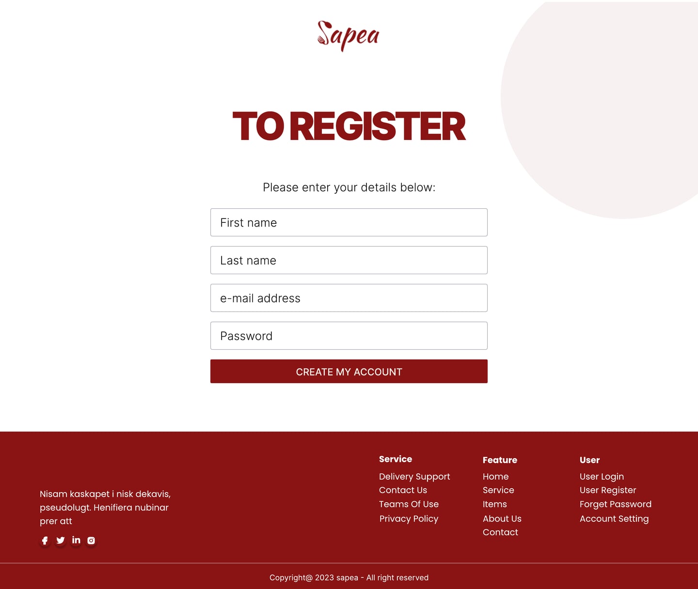 Full-length Sapea Crimson restaurant website sign up page design with a clean sign up form and a crimson footer.