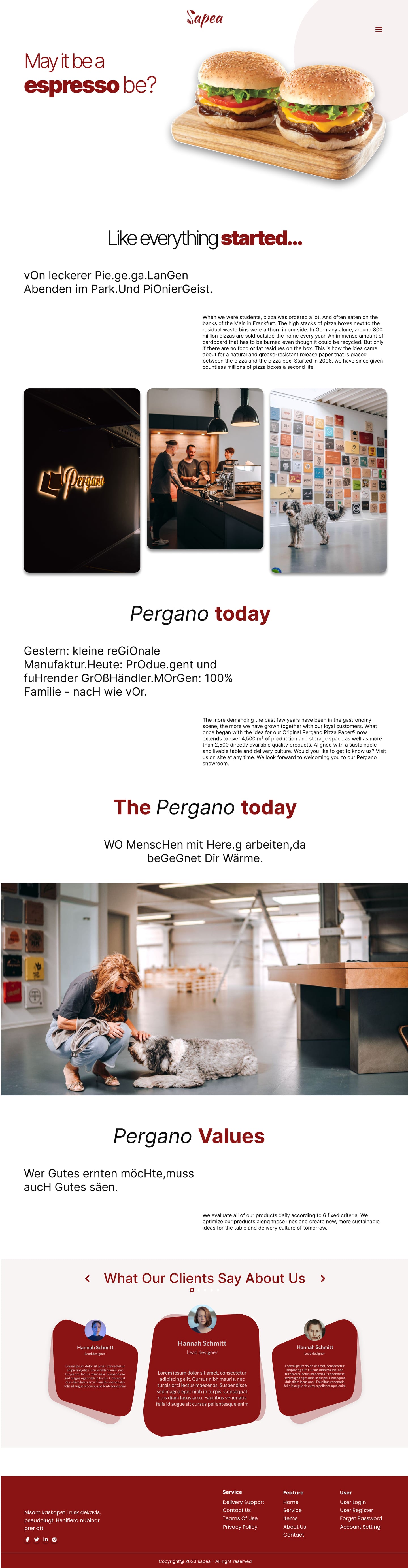 Full-length Sapea Crimson restaurant website story page design with a hero of two burgers on a wooden board, a story headline and interior photography.