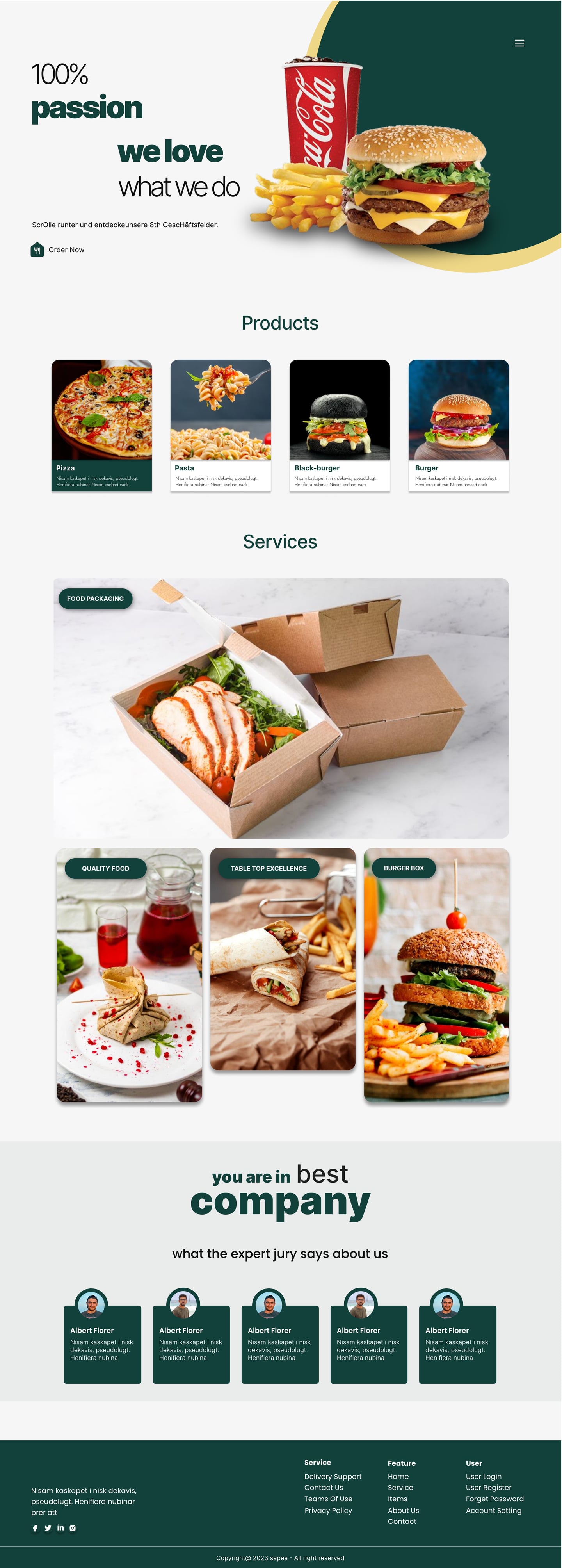 Full-length Sapea Green restaurant website about page design with a green hero showing a burger, fries and a cola, then a products row and labelled photo tiles.