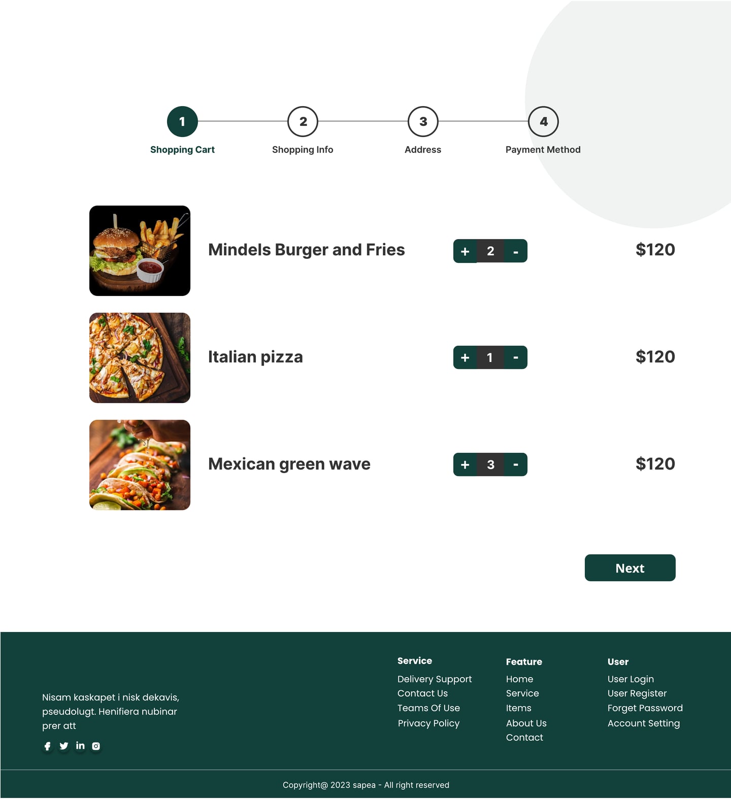 Full-length Sapea Green restaurant website cart page design with a four step progress bar and cart items with quantity steppers.