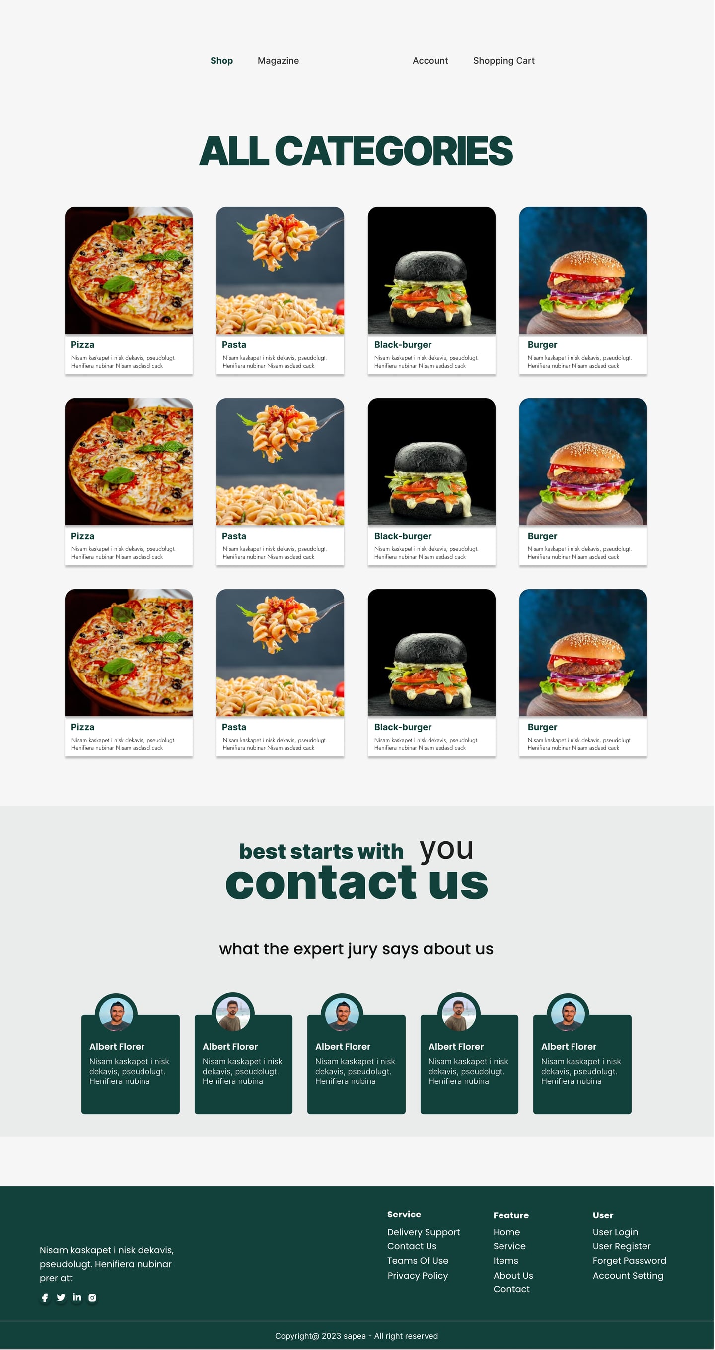 Full-length Sapea Green restaurant website categories page design with photo cards for pizza, pasta, black burger and burger under a green heading.