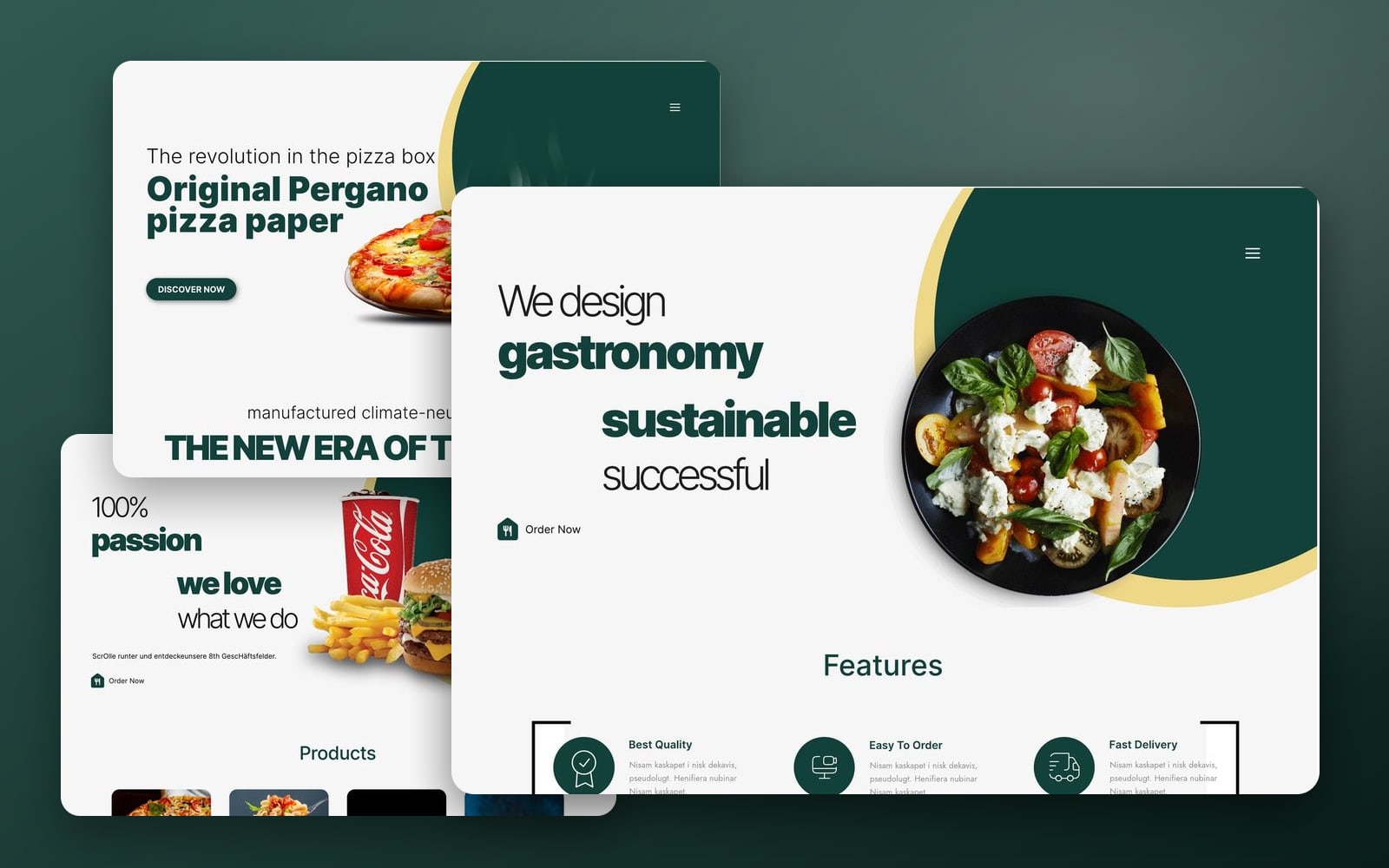 Sapea Green restaurant website showcase: the home page with a plated salad in front of the shop and about pages on a deep green gradient.