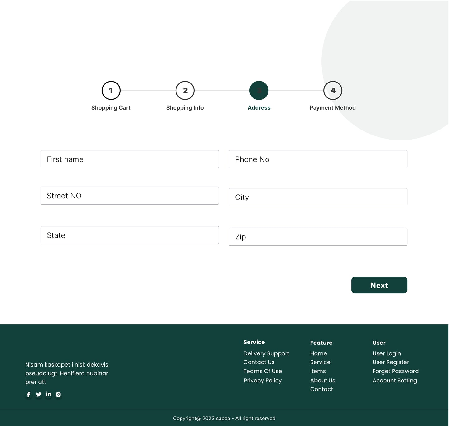 Full-length Sapea Green restaurant website address page design with an address form for the delivery step.