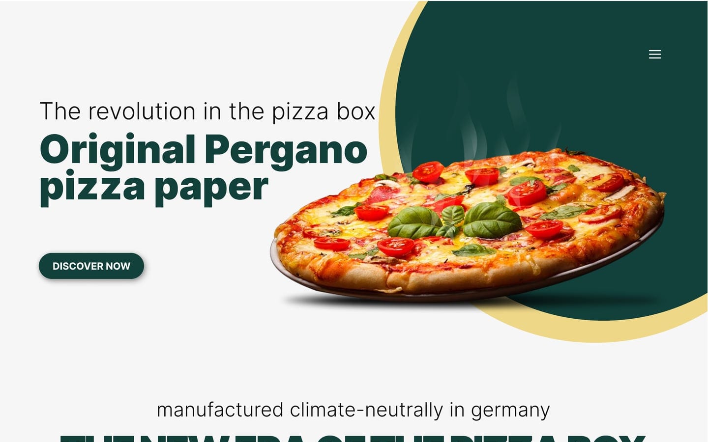Sapea Green restaurant website product page with a baked pizza on a deep green curve and a discover now button.