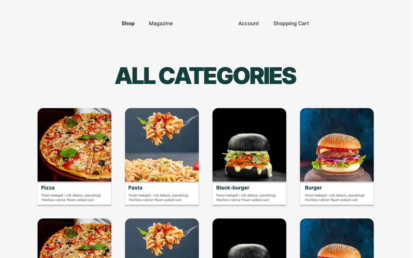 Sapea Green restaurant website categories page with photo cards for pizza, pasta, black burger and burger under a green heading.