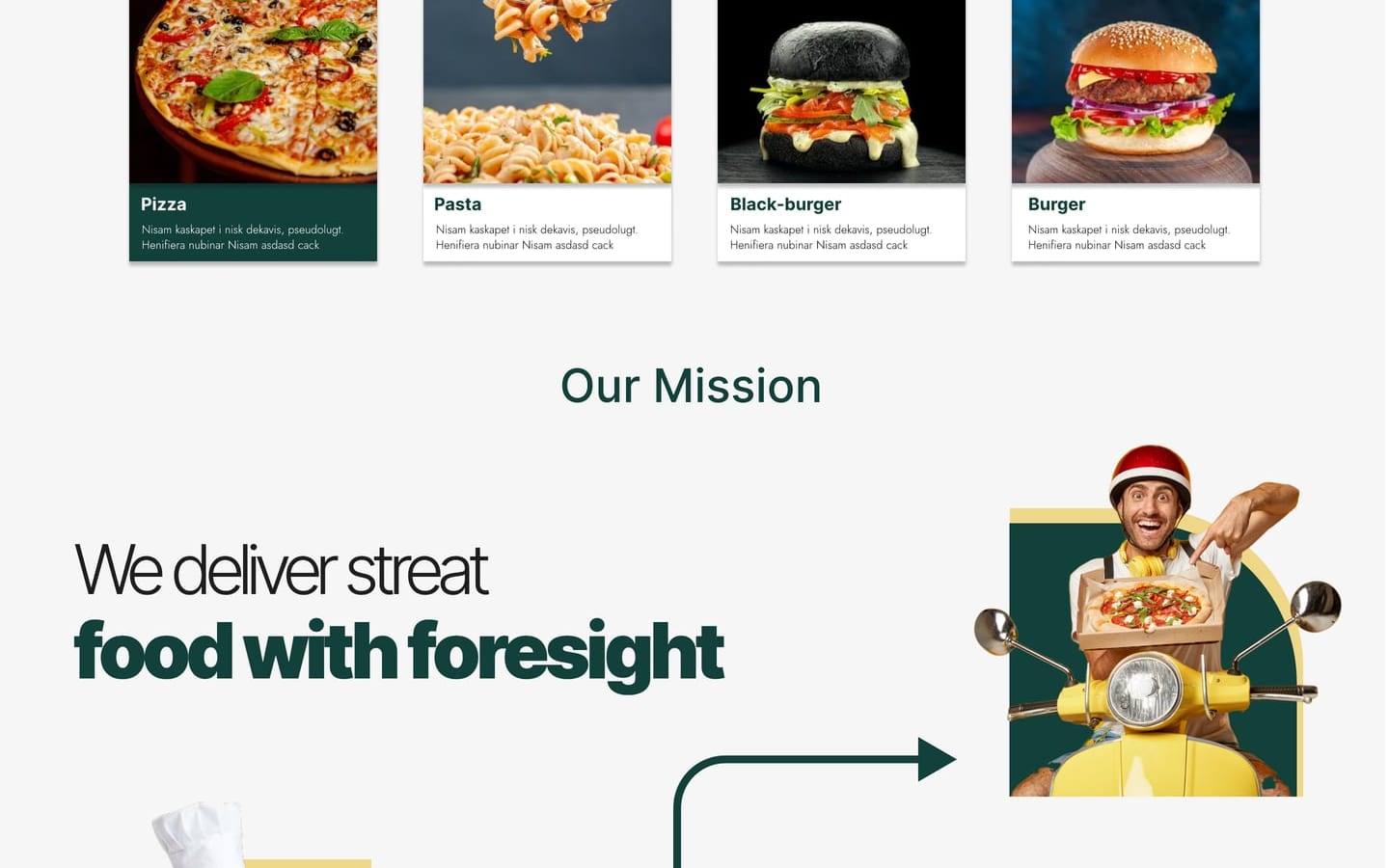 Sapea Green restaurant website home page category cards and a mission section with a delivery rider on a yellow scooter.
