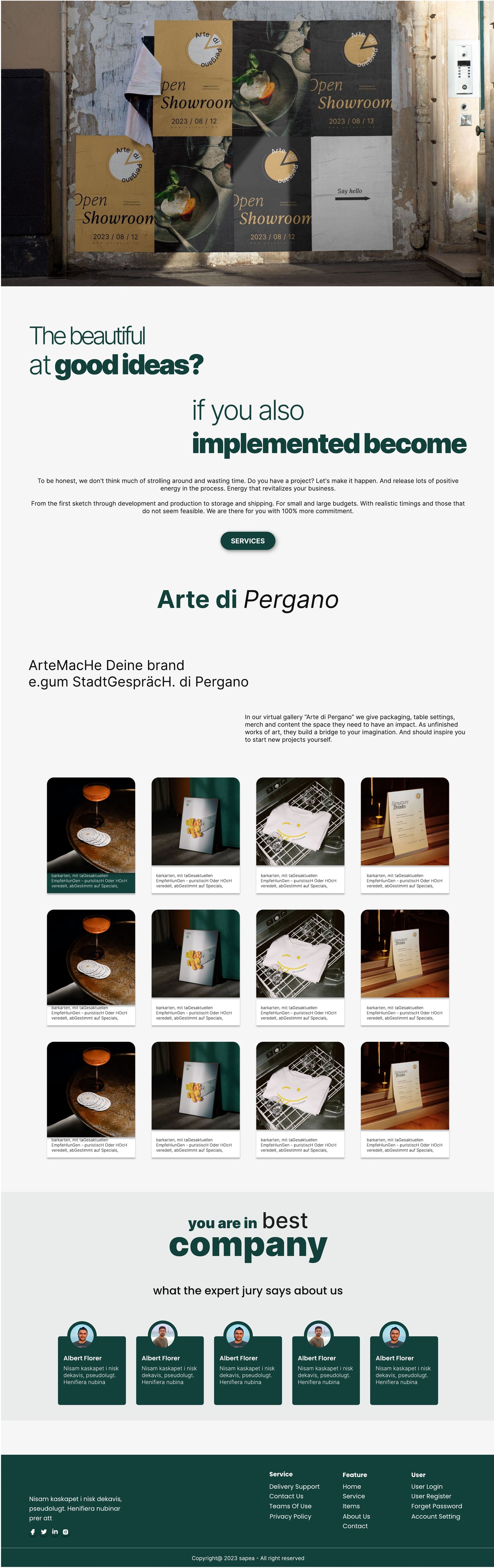 Full-length Sapea Green restaurant website gallery page design with a poster wall header and an editorial grid of hospitality and packaging photography.
