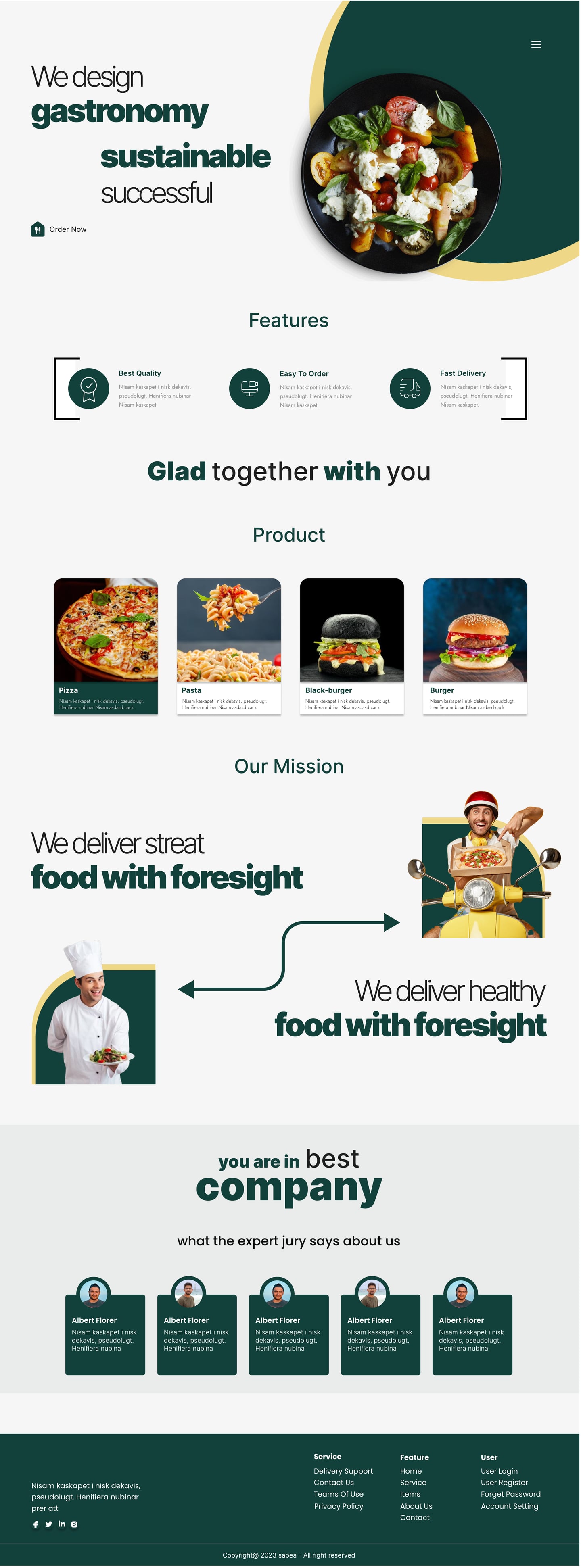 Full-length Sapea Green restaurant website home page design with a green curved hero holding a plated salad, a features row, product tiles and a delivery mission.