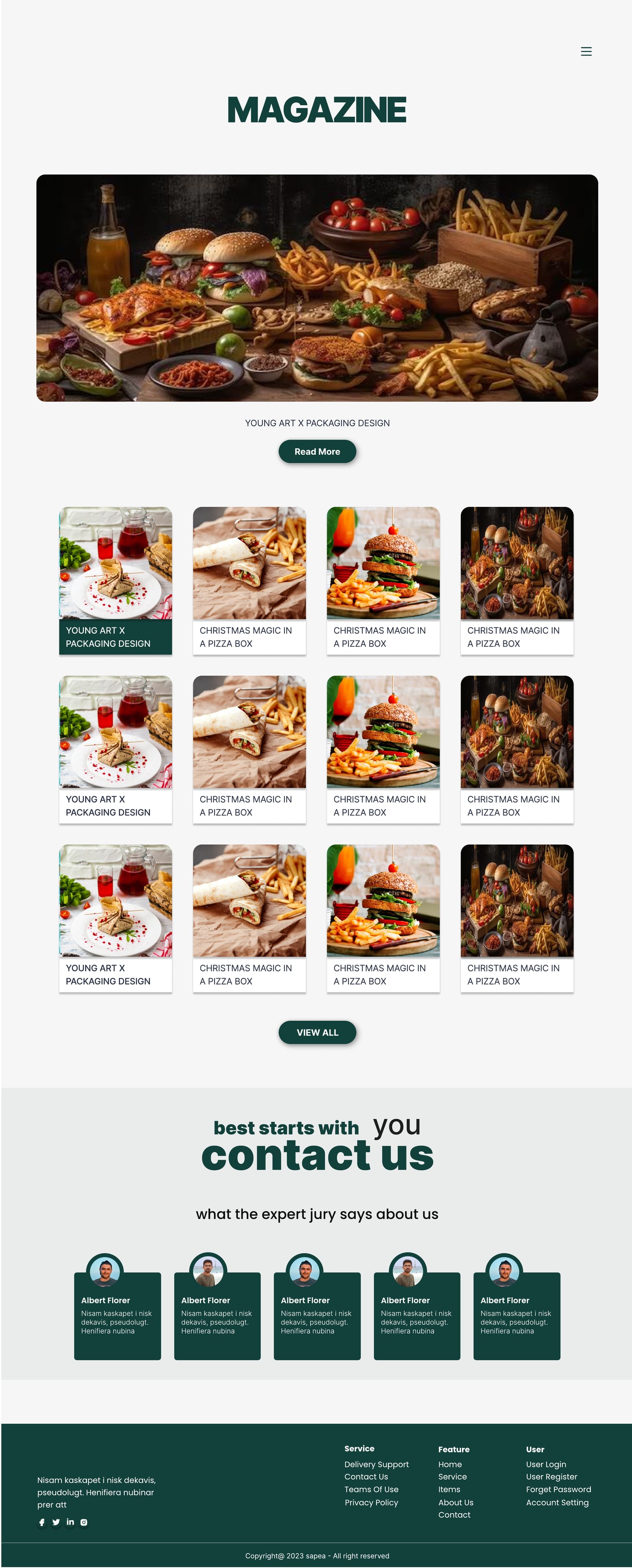 Full-length Sapea Green restaurant website magazine page design with a magazine header, a feature photograph of burgers and fries and a grid of article cards.