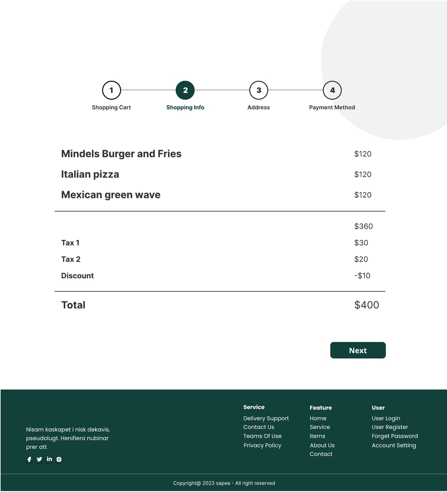 Full-length Sapea Green restaurant website order page design with an order summary of items, tax lines and a discount.
