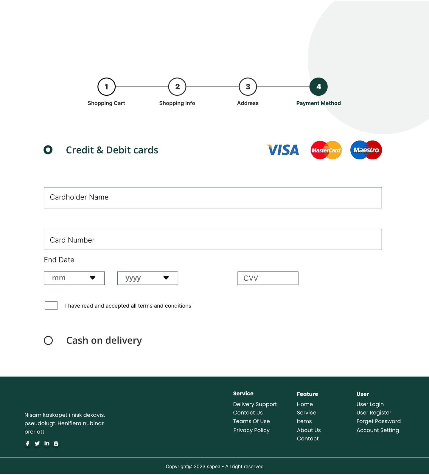 Full-length Sapea Green restaurant website payment page design with credit and debit card fields and a cash on delivery option.