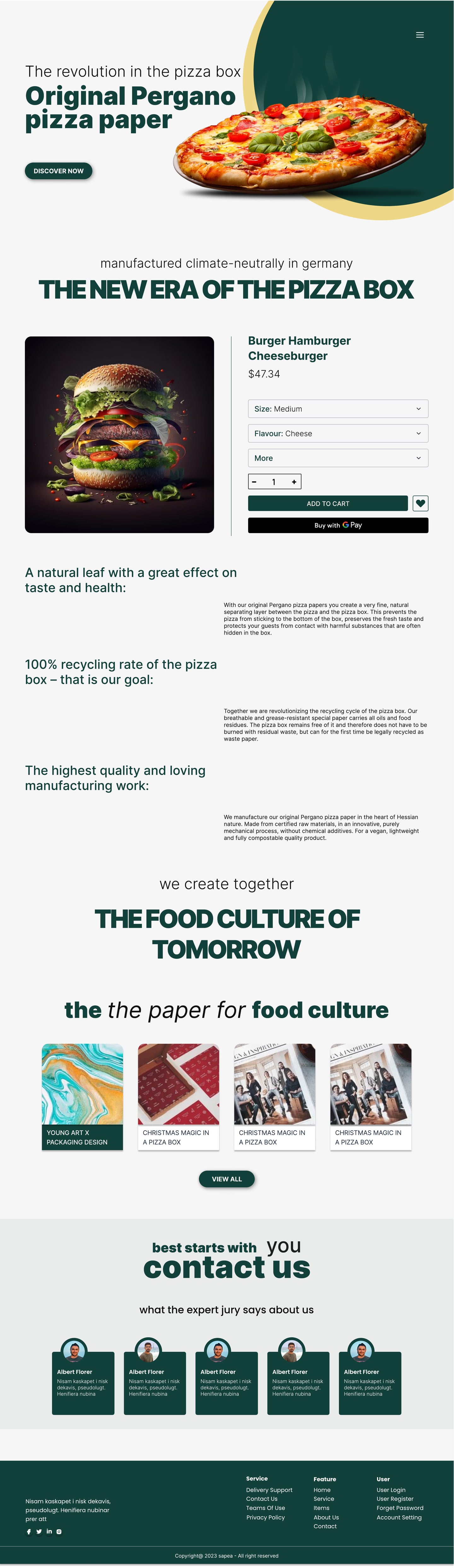 Full-length Sapea Green restaurant website product page design with a hero of a baked pizza, product details with option selectors and an add to cart button.