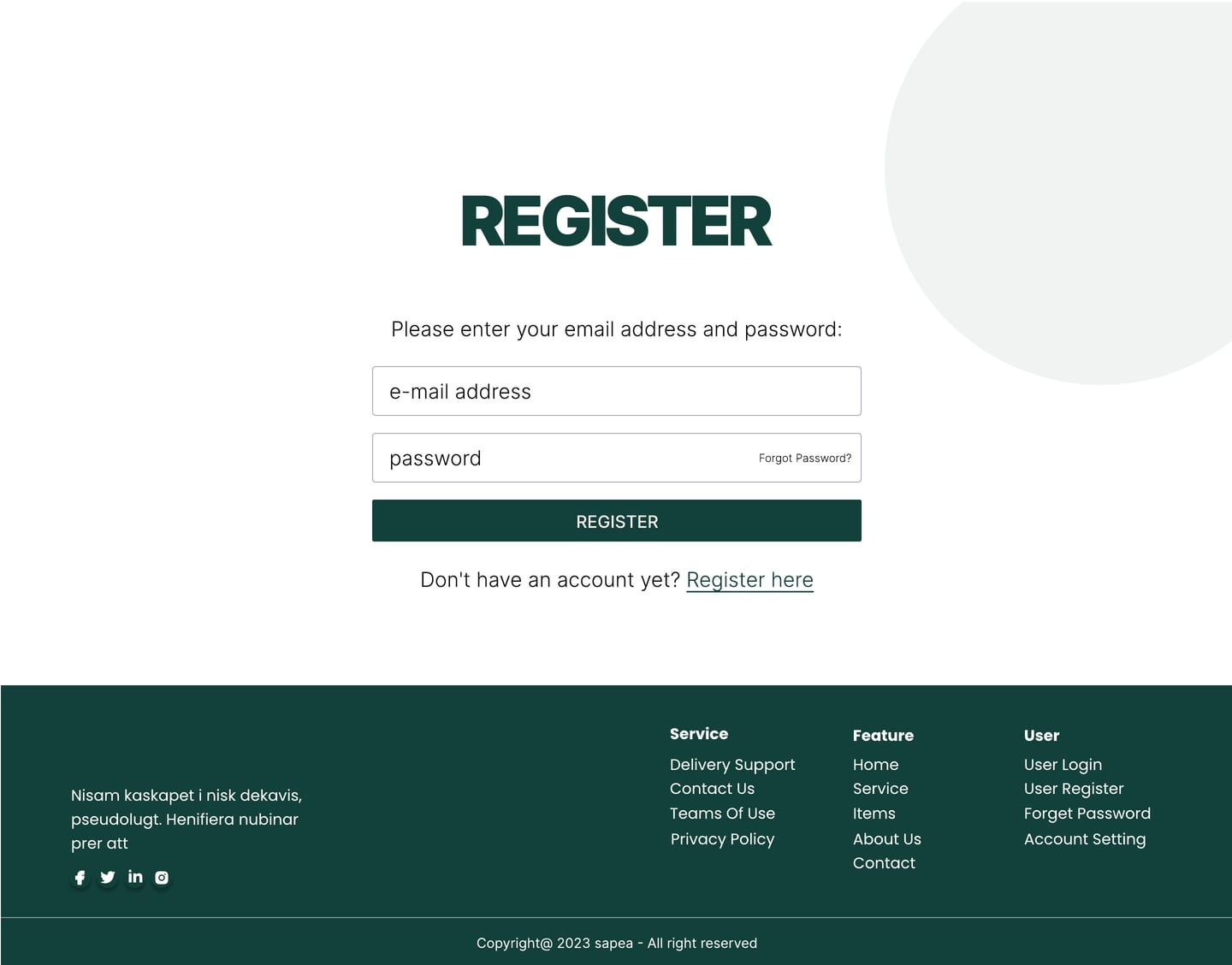 Full-length Sapea Green restaurant website register page design with a short registration form and a green submit button.