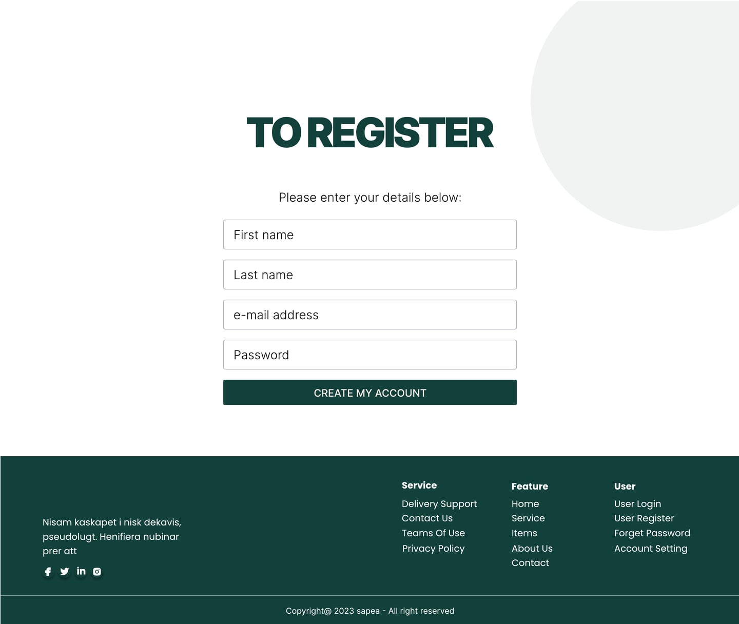 Full-length Sapea Green restaurant website sign up page design with a clean sign up form and a green footer.