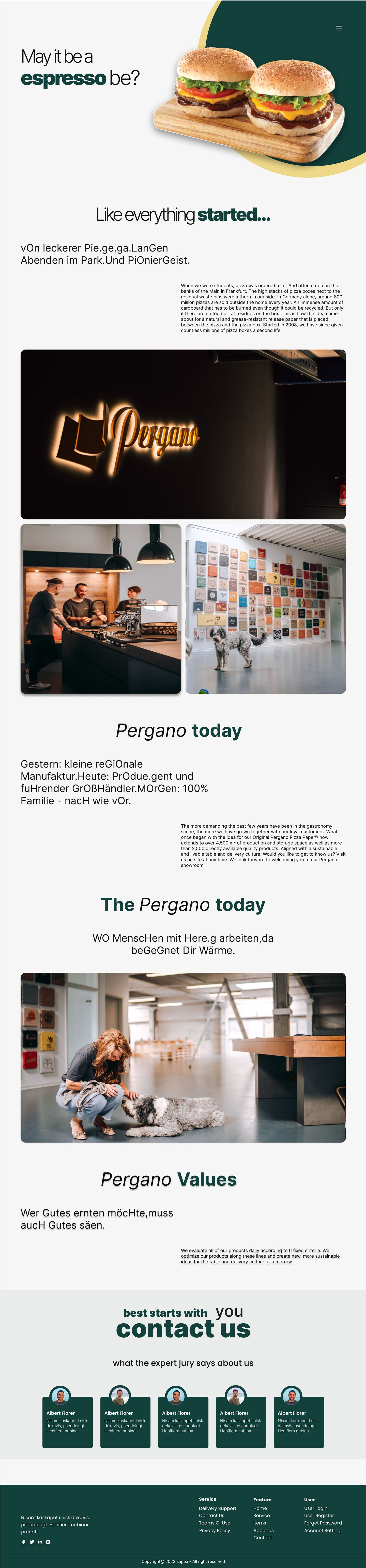 Full-length Sapea Green restaurant website story page design with a hero of two burgers on a wooden board, a story headline and interior photography.