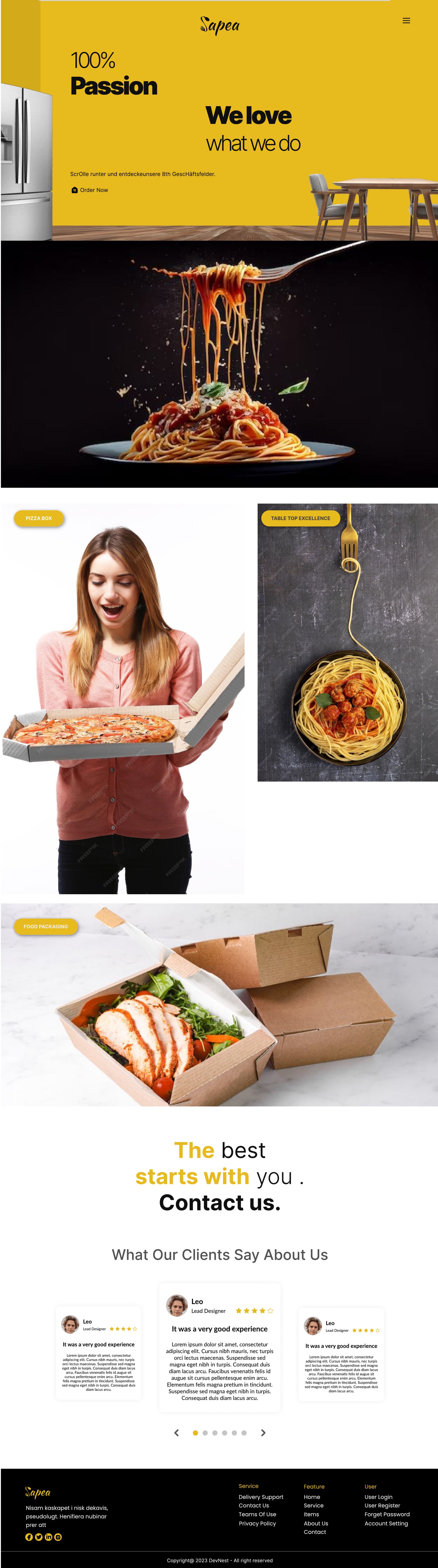 Full-length Sapea Yellow restaurant website about page design with a yellow hero, a full-width spaghetti photograph and labelled photo tiles.