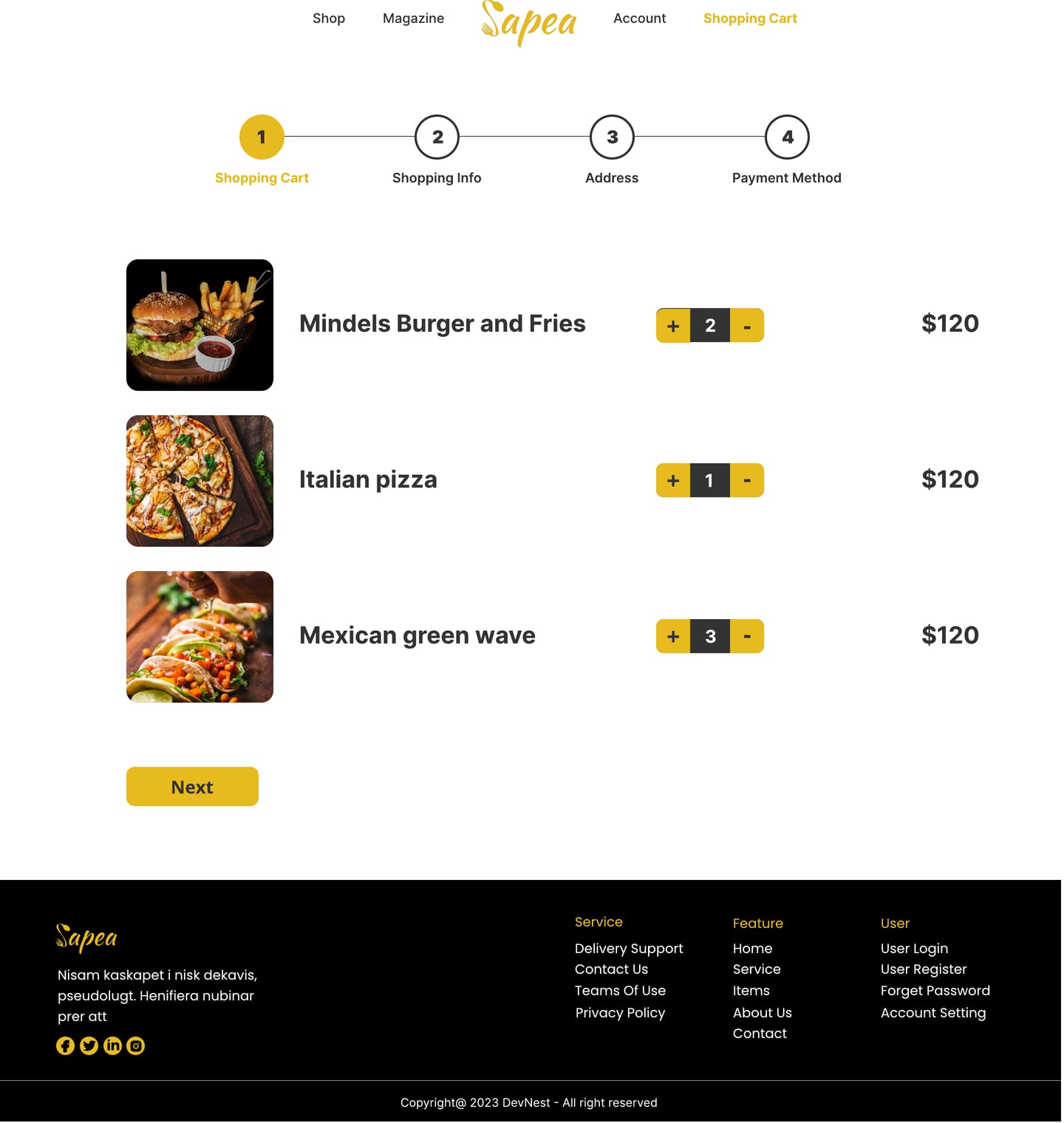 Full-length Sapea Yellow restaurant website cart page design with a four step progress bar and three cart items with quantity steppers.