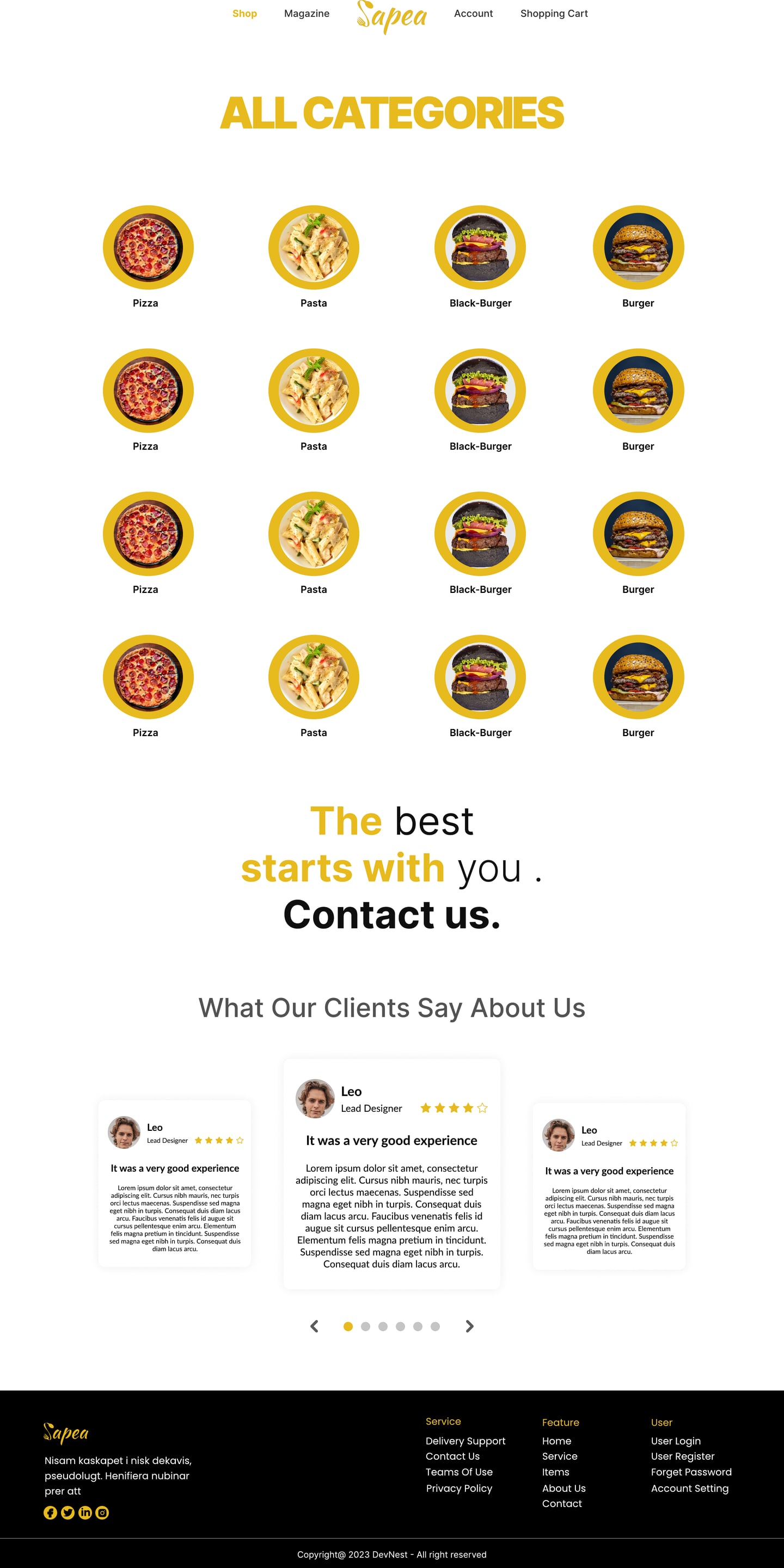 Full-length Sapea Yellow restaurant website categories page design with a grid of round yellow-ringed food category icons and a testimonial row.